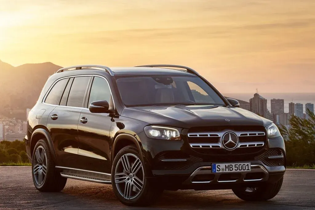 Revised Mercedes GLS as a large luxury SUV in three-quarter view on a road