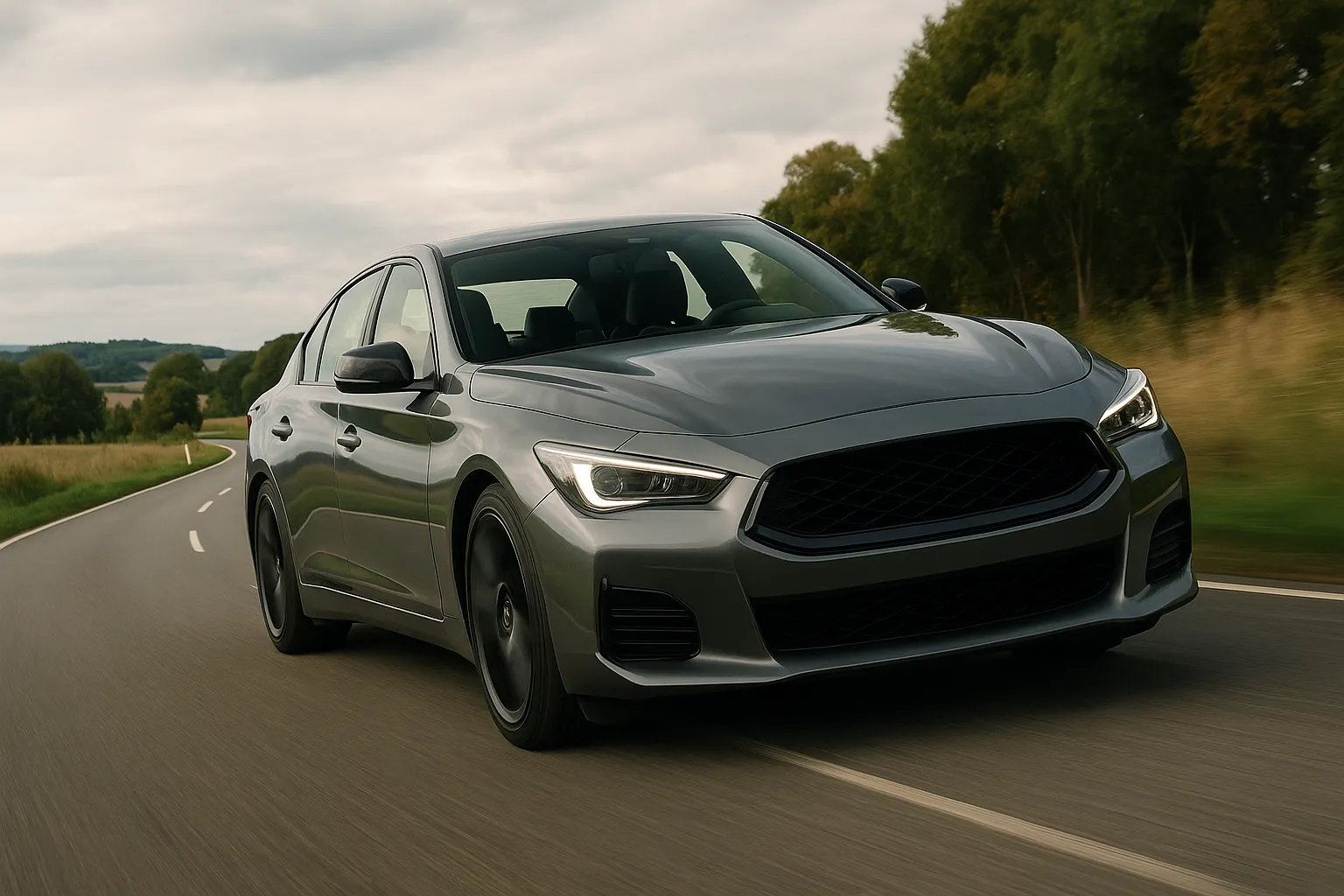 Nissan Skyline sports sedan on a winding road in a dynamic front three-quarter view