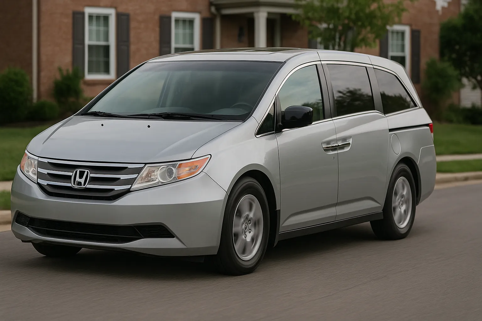 Ein Honda Odyssey-Minivan von 2014 fährt auf einer Vorstadtstraße in familienorientierter Umgebung