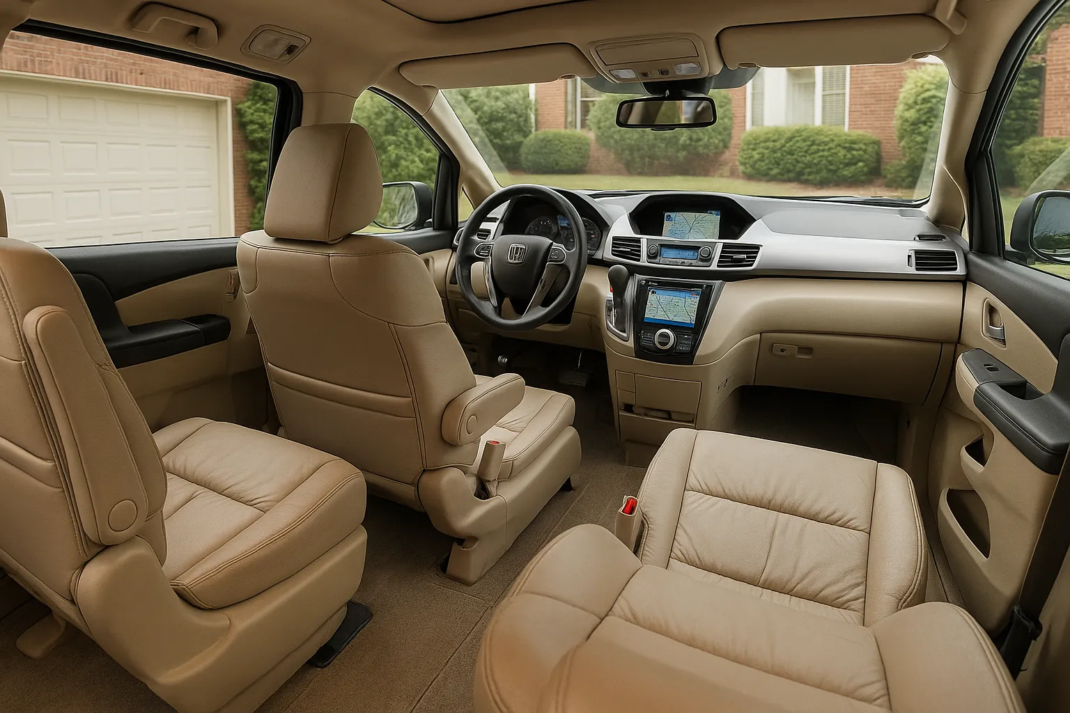Ein Honda Odyssey-Minivan von 2014 fährt auf einer Vorstadtstraße in familienorientierter Umgebung, unterstützendes Bild 1