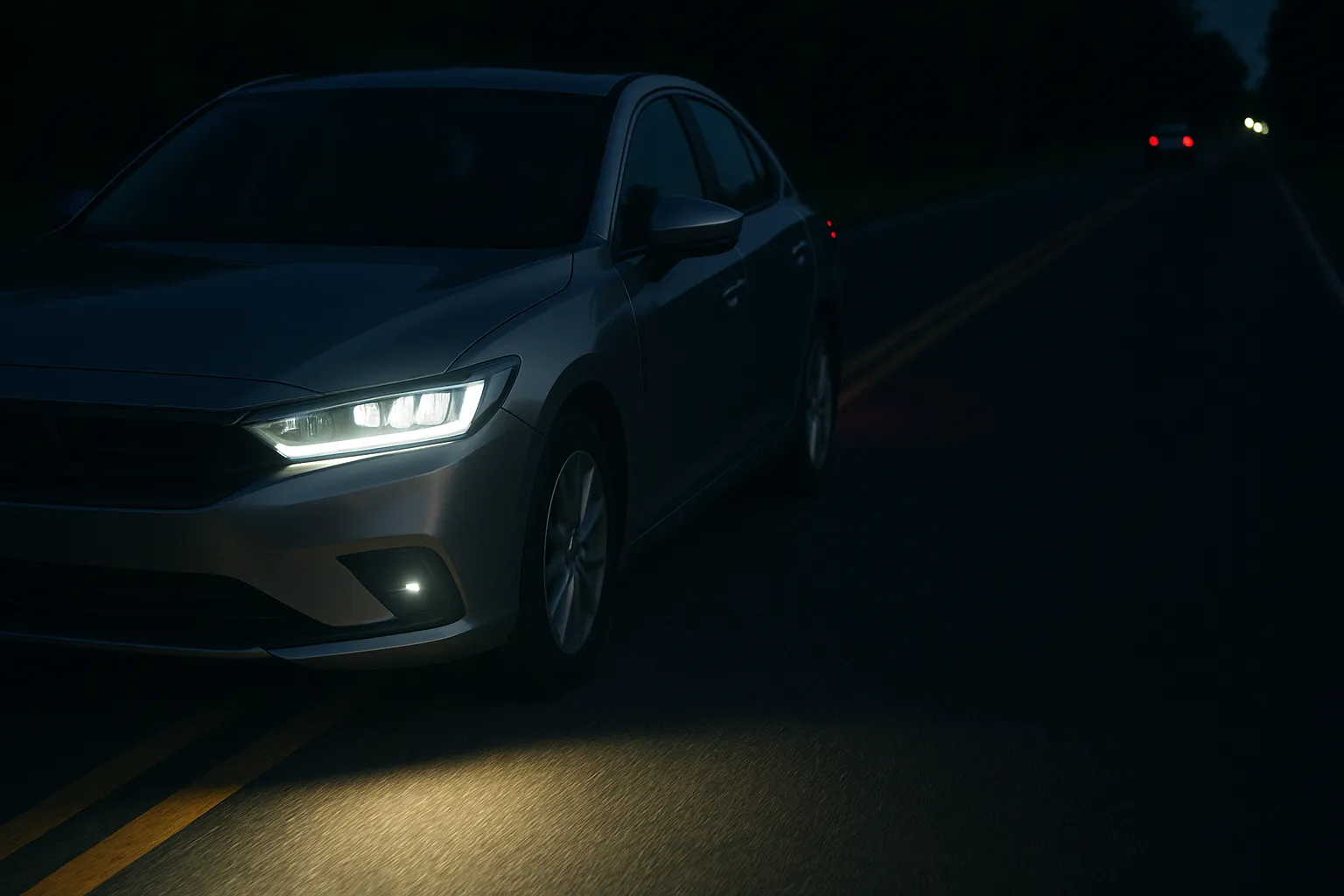 Modern LED headlights of a car shine on a dark country road without directly dazzling oncoming traffic supporting image 1
