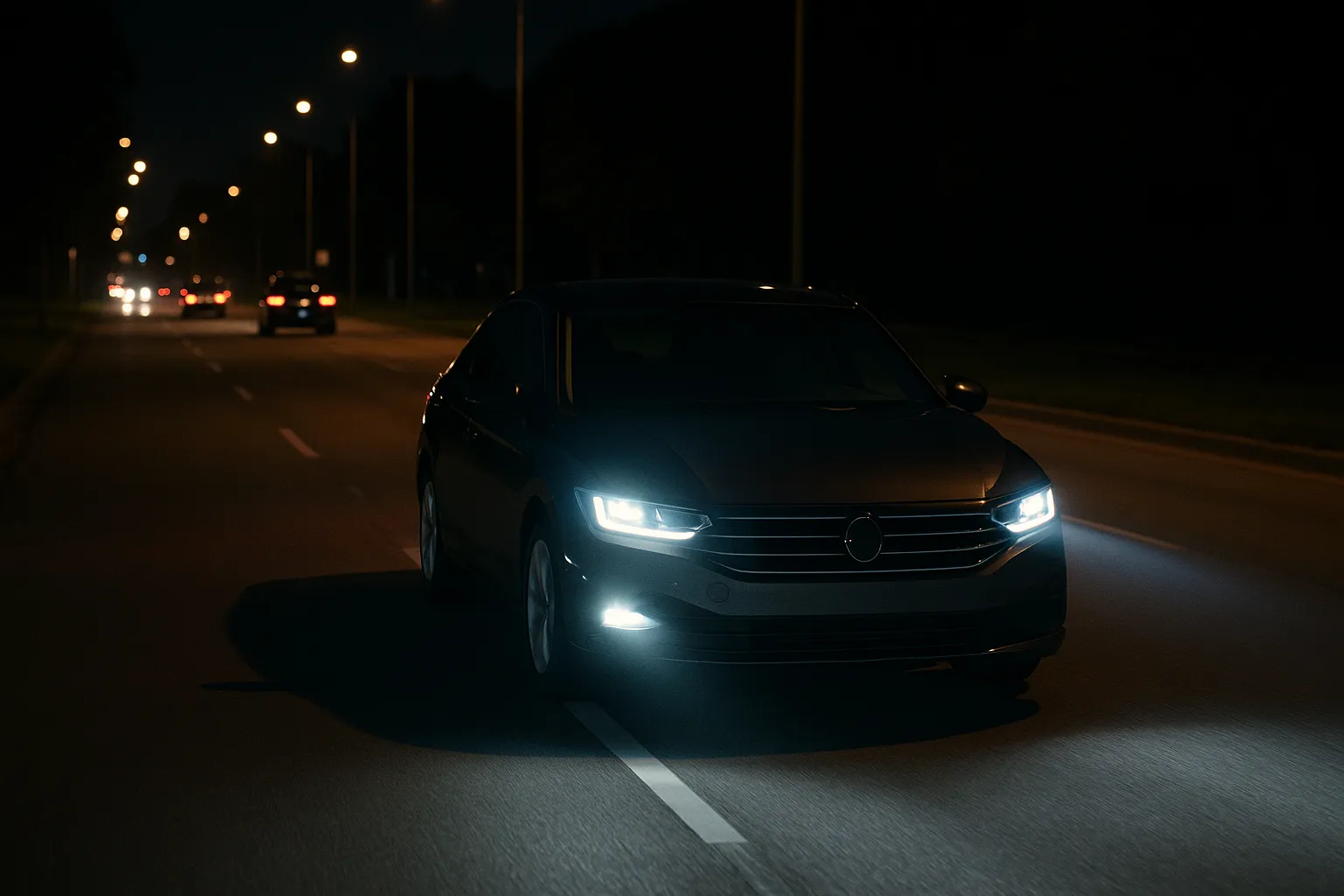 Modern LED headlights of a car shine on a dark country road without directly dazzling oncoming traffic supporting image 2