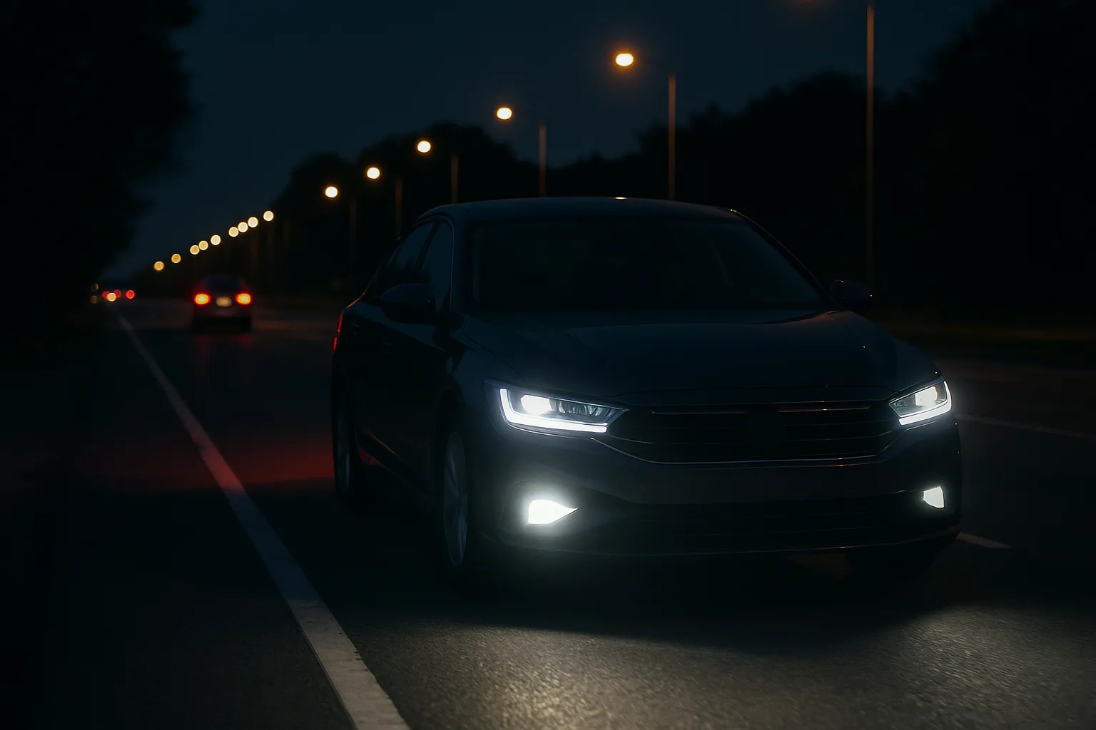 Modern LED headlights of a car shine on a dark country road without directly dazzling oncoming traffic