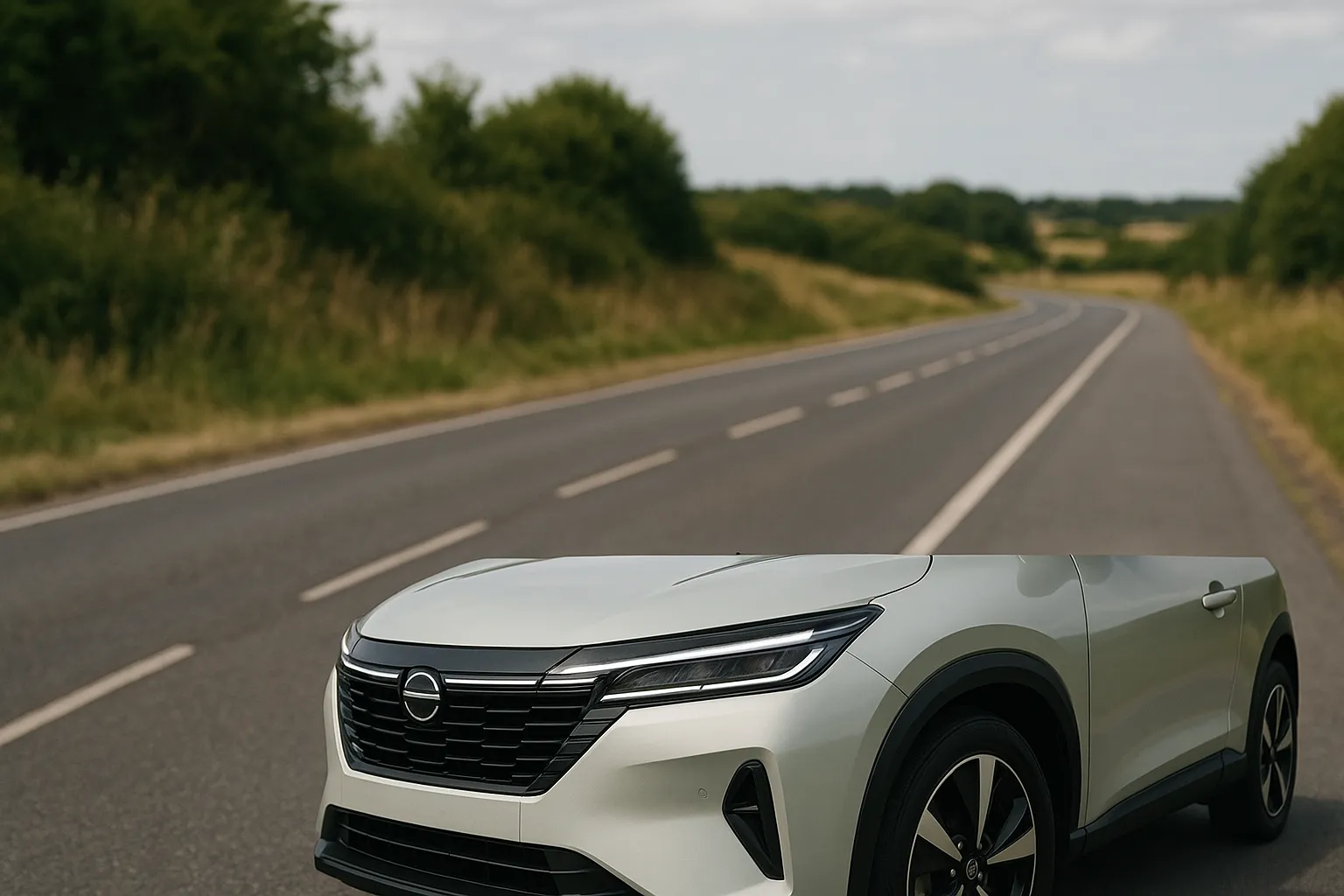 Nissan Kicks as a compact hybrid SUV in three-quarter view on a European road supporting image 1