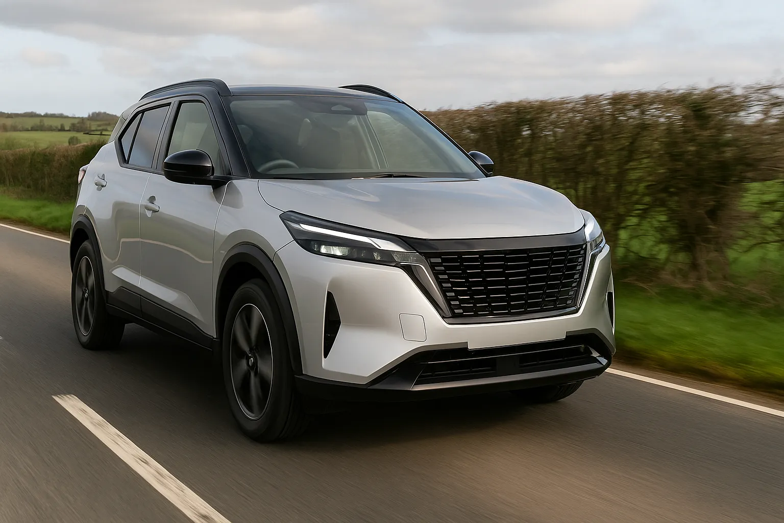 Nissan Kicks as a compact hybrid SUV in three-quarter view on a European road