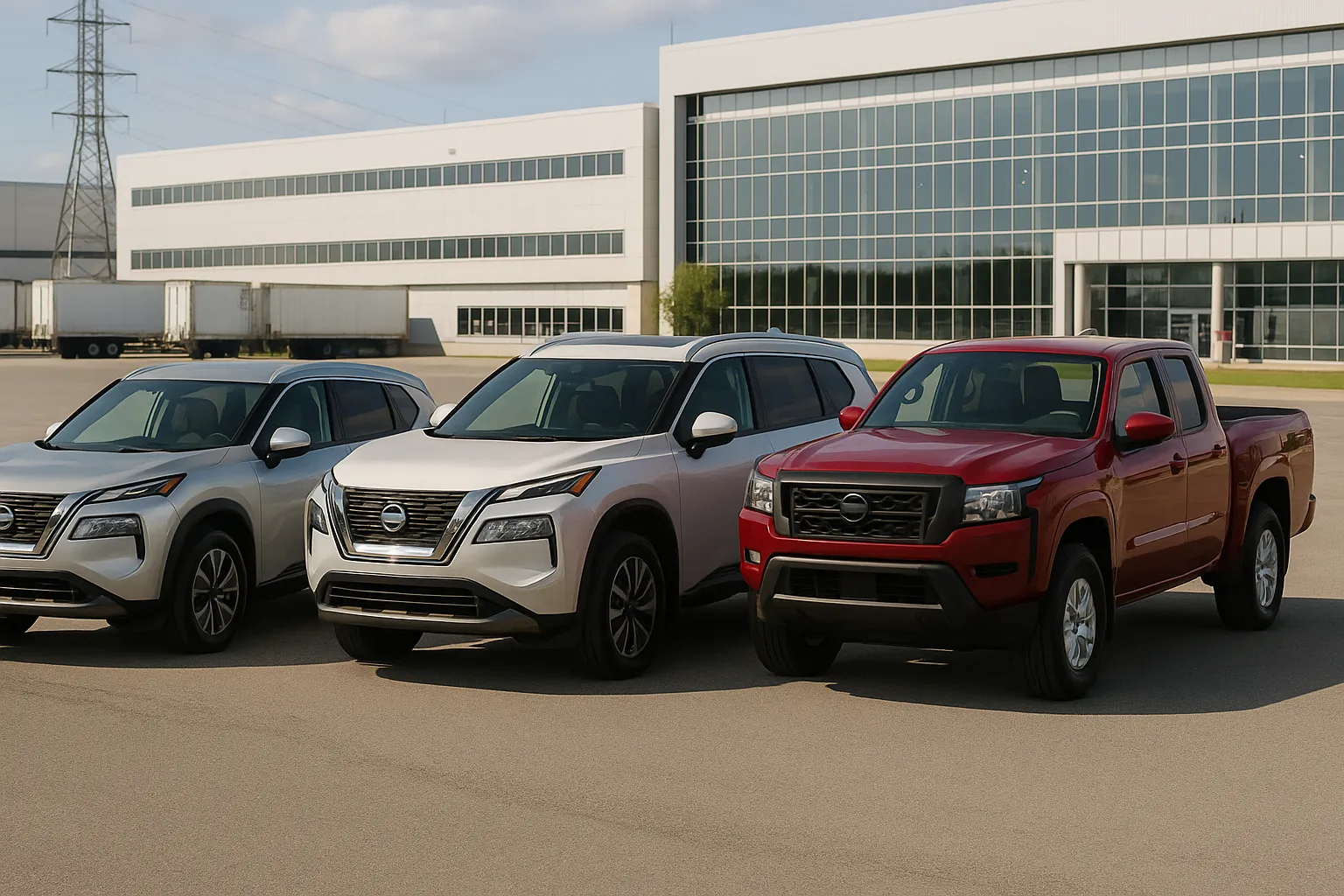 Nissan Rogue, Pathfinder und Frontier vor einem nordamerikanischen Montagewerk aufgereiht