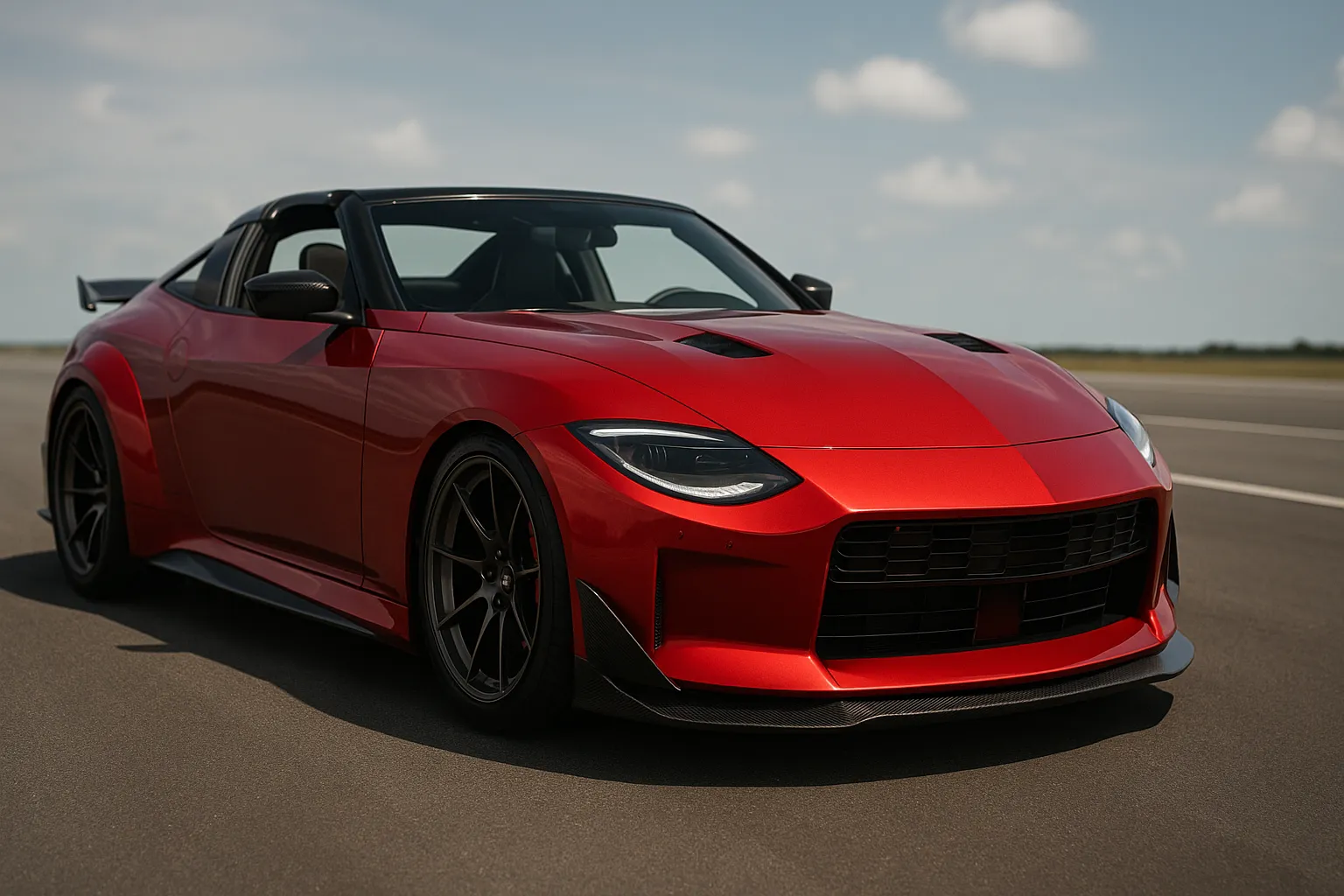 Nissan Z Kaze Konzept mit T-Top-Dach, verbreiterten Radhäusern und Carbon-Bodykit in sportlicher Front-Dreiviertelansicht
