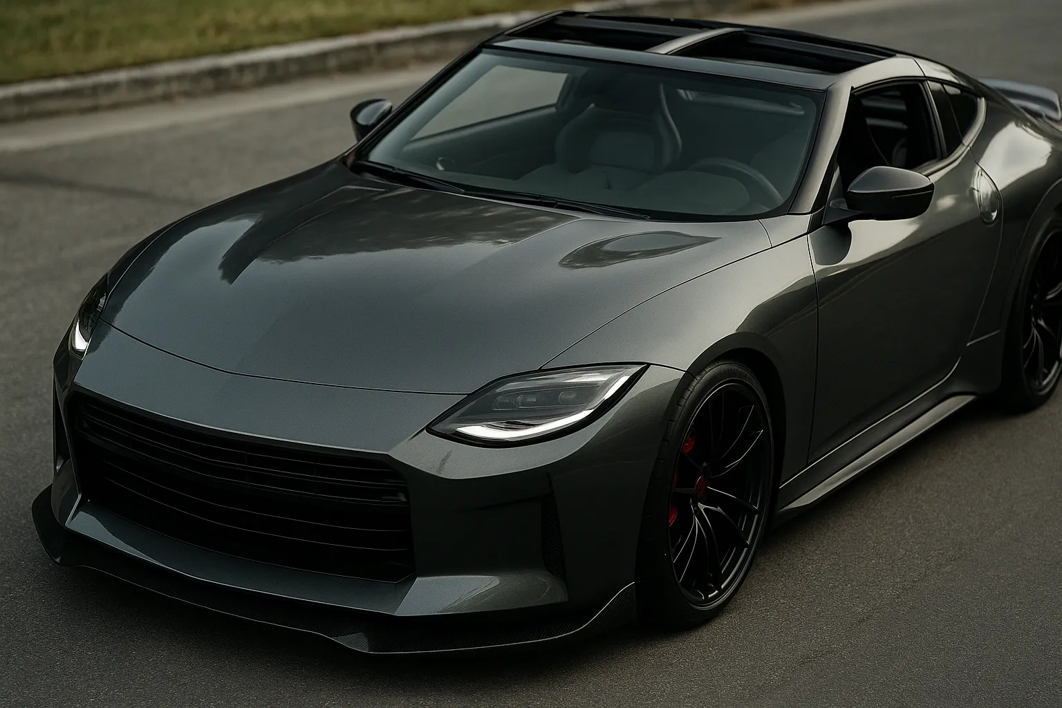 Nissan Z Kaze Konzept mit T-Top-Dach, verbreiterten Radhäusern und Carbon-Bodykit in sportlicher Front-Dreiviertelansicht supporting image 1