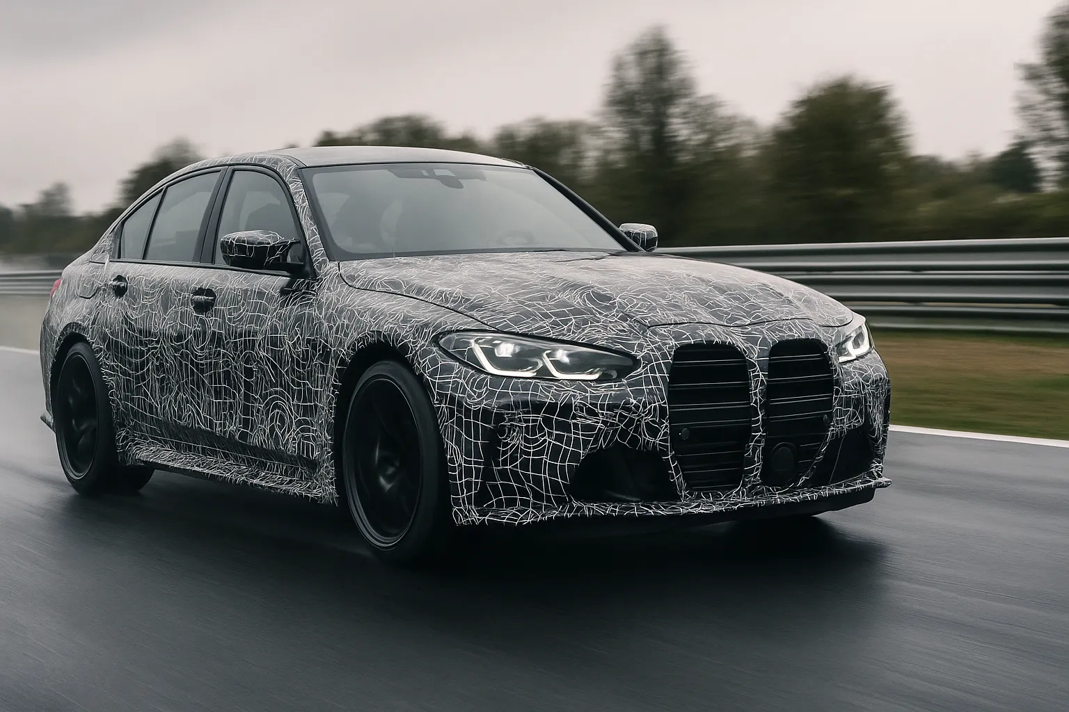 Camouflaged next-generation BMW M3 petrol prototype testing on a road with wide arches, large wheels and quad exhaust outlets
