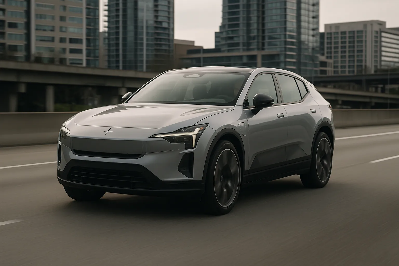 Polestar electric SUV driving on a city street with modern buildings in the background