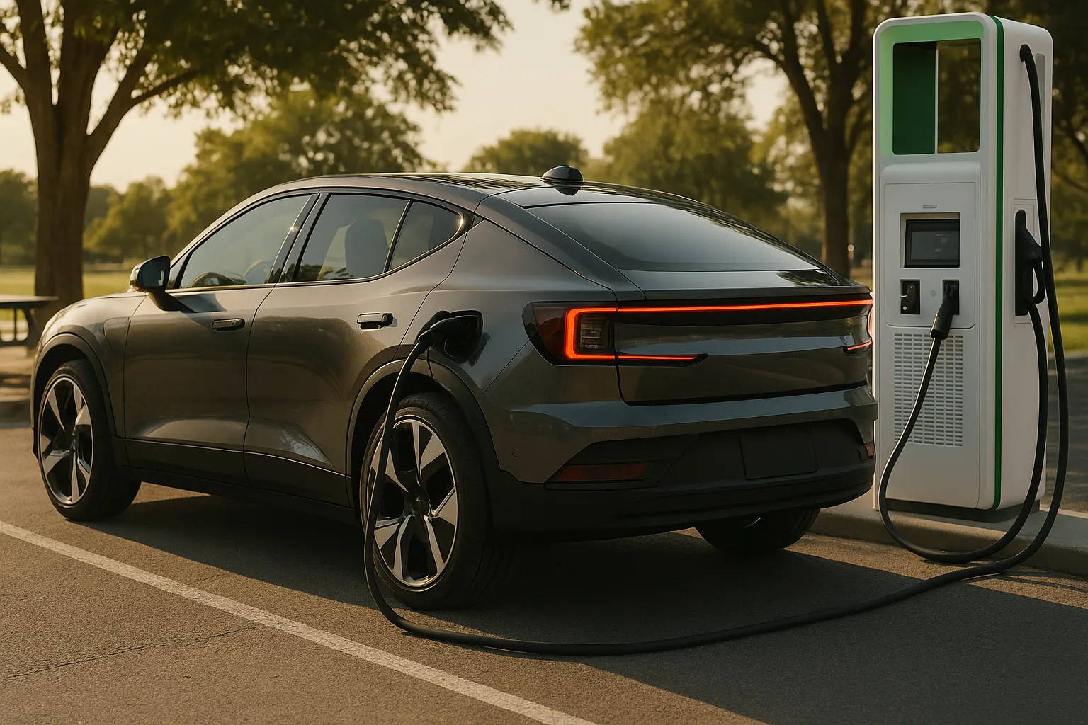 Elektrischer Polestar-SUV fährt auf einer Stadtstraße mit modernen Gebäuden im Hintergrund, unterstützendes Bild 2