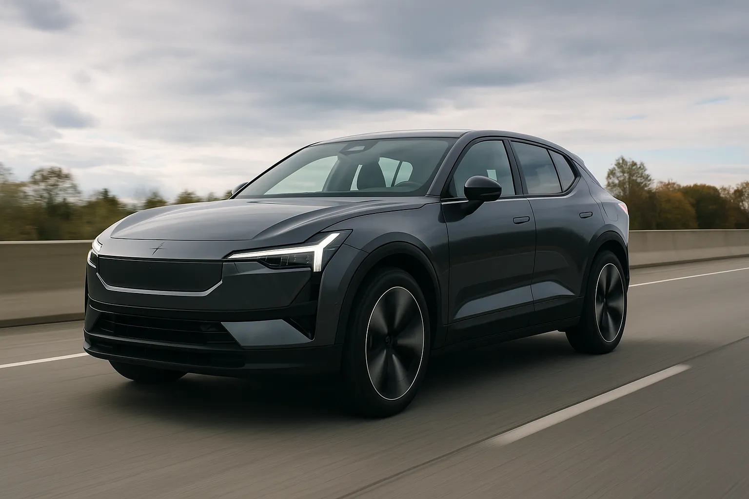 Elektro-SUV Polestar 3 fährt auf einer Straße vor moderner Industriekulisse