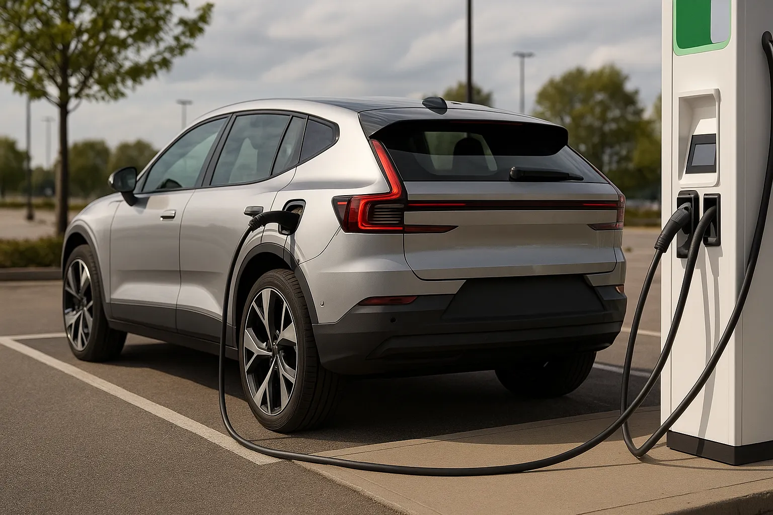 Elektro-SUV Polestar 3 fährt auf einer Straße vor moderner Industriekulisse, unterstützendes Bild 2