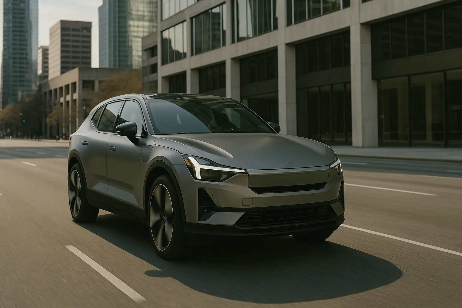 Polestar 3 on a wide road in front of modern city architecture, captured in a dynamic 16:9 perspective