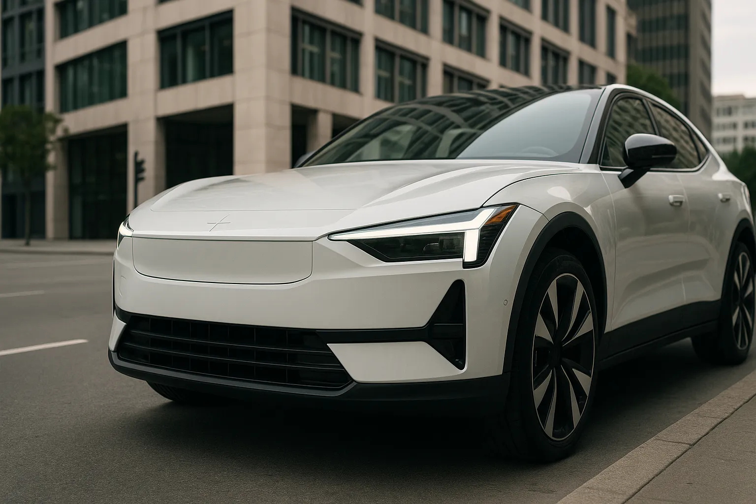 Polestar 3 on a wide road in front of modern city architecture, captured in a dynamic 16:9 perspective supporting image 1