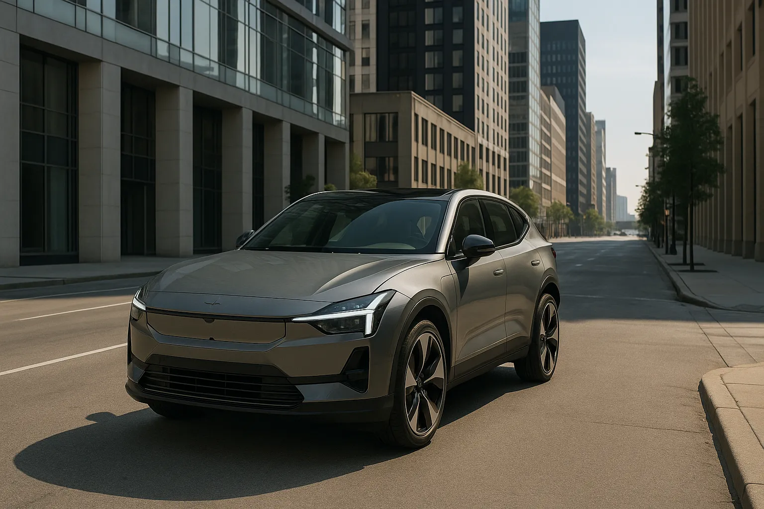 Polestar 3 on a wide road in front of modern city architecture, captured in a dynamic 16:9 perspective supporting image 2