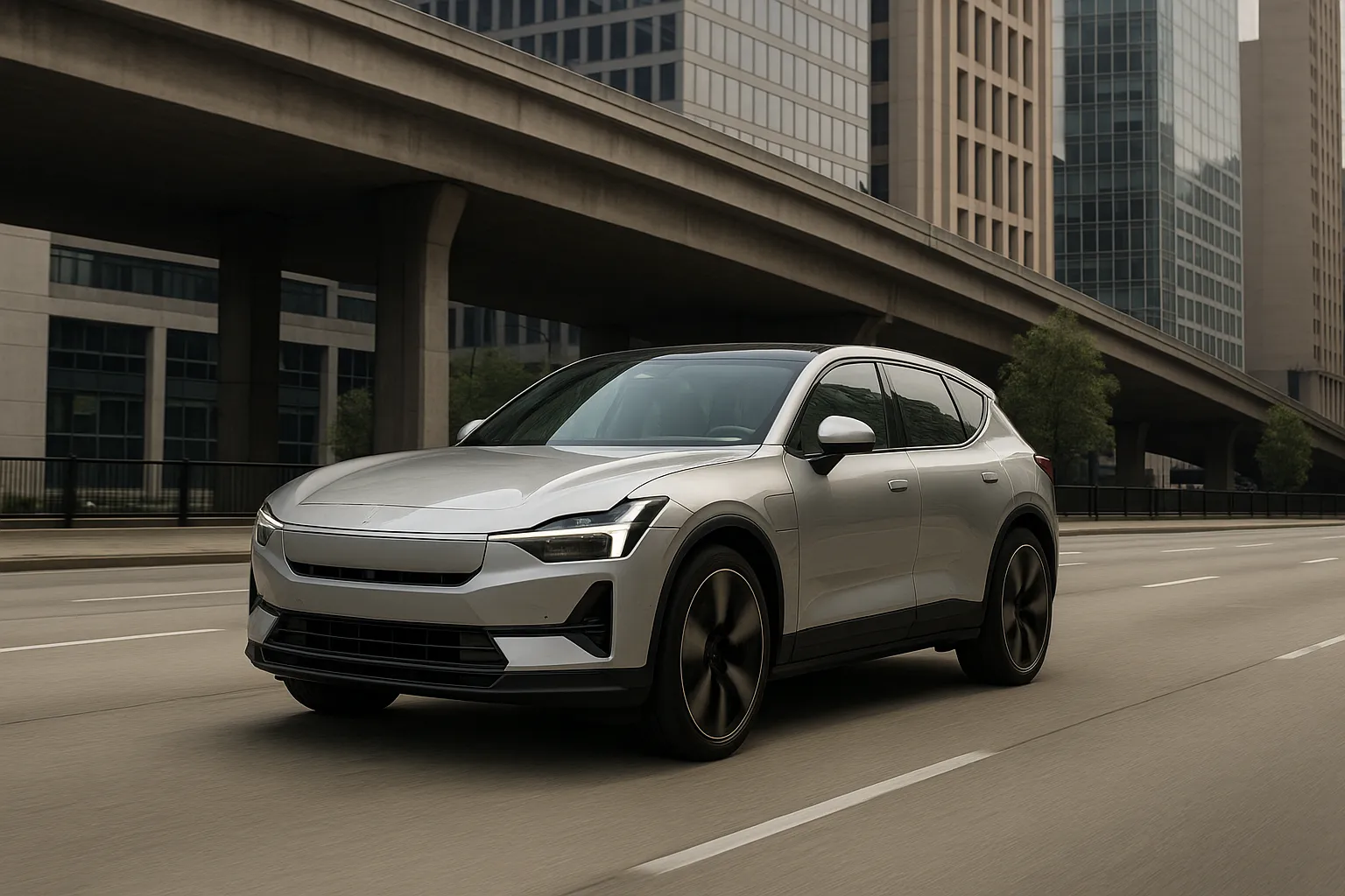 Polestar electric SUV driving on a modern road at dusk