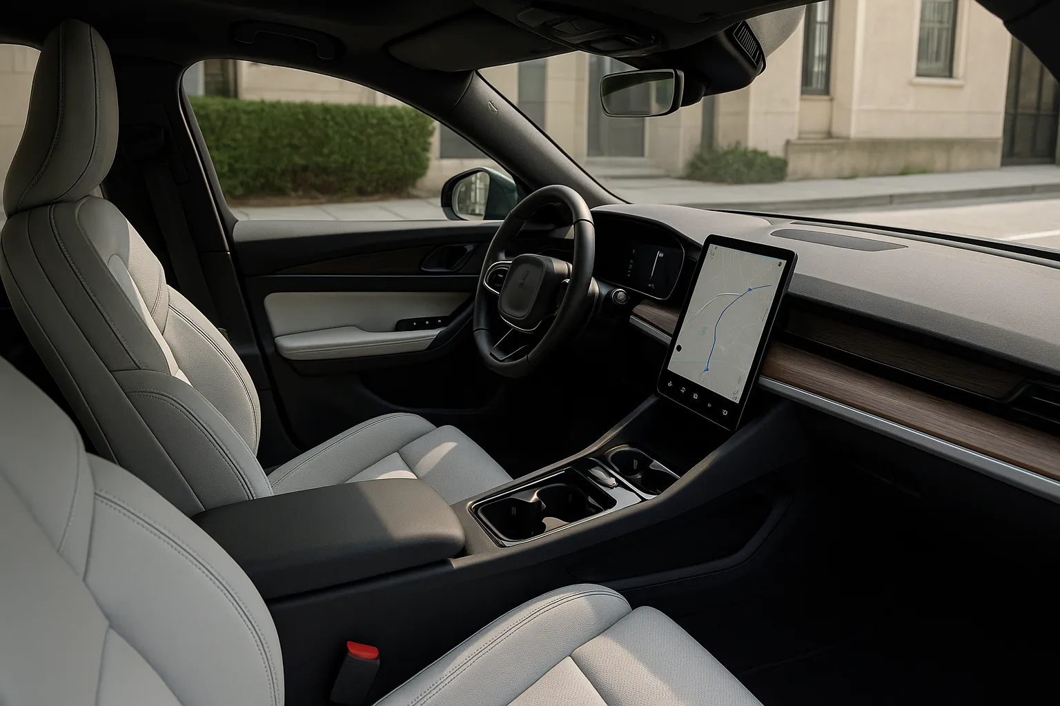 Polestar Elektro-SUV fährt in der Dämmerung auf einer modernen Straße, unterstützendes Bild 1