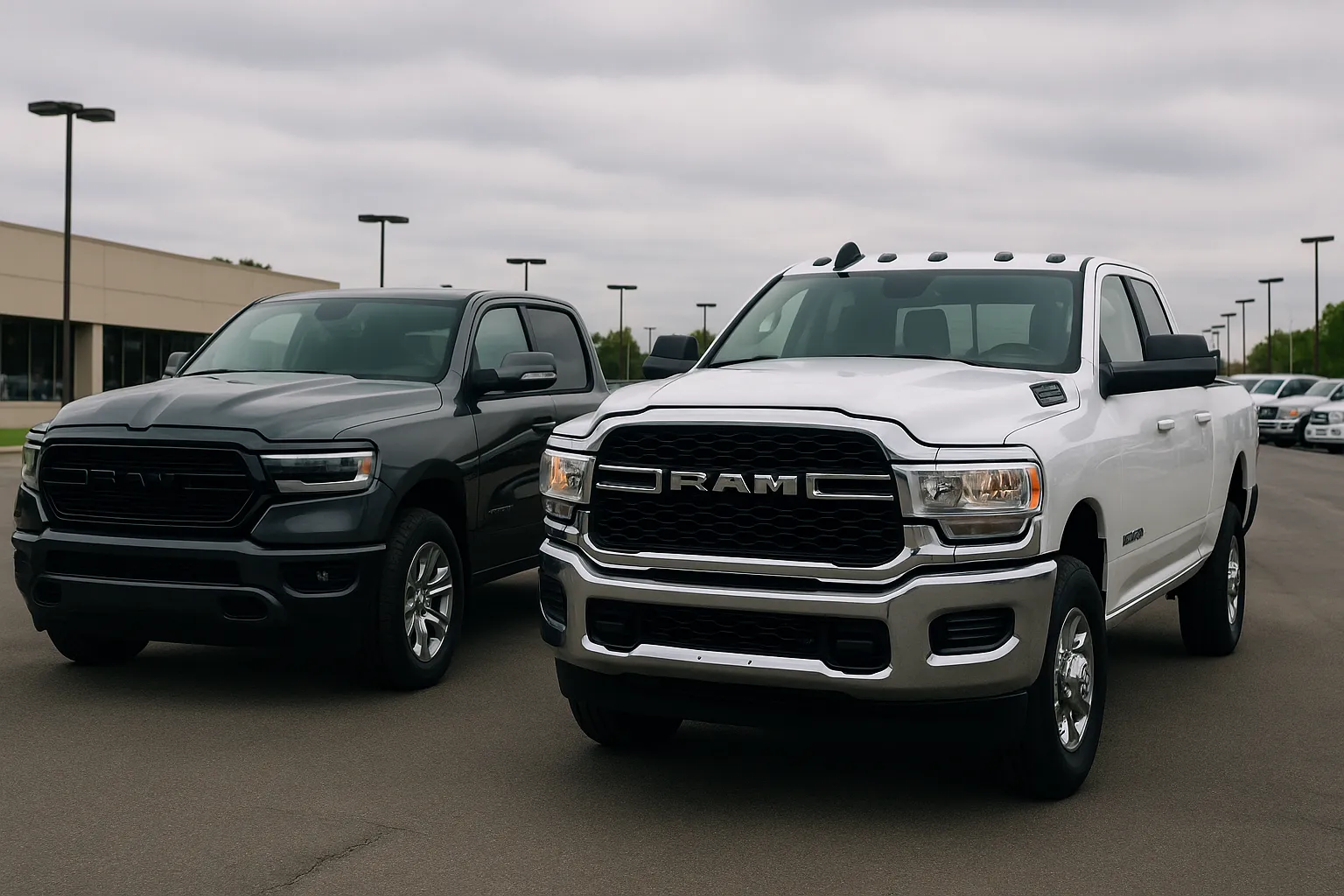 Ram-Pick-up-Trucks auf einem Händlerparkplatz, mit sichtbaren Heavy-Duty- und Light-Duty-Modellen