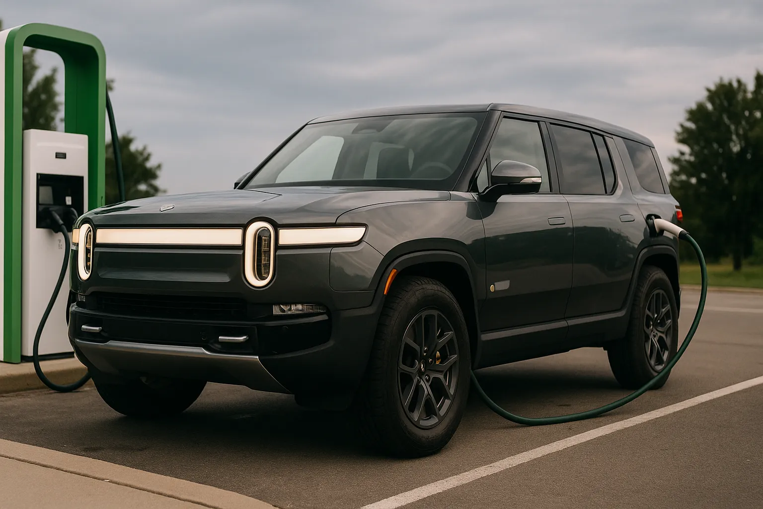 Rivian R1T und R1S auf einer Straße vor moderner Ladeinfrastruktur