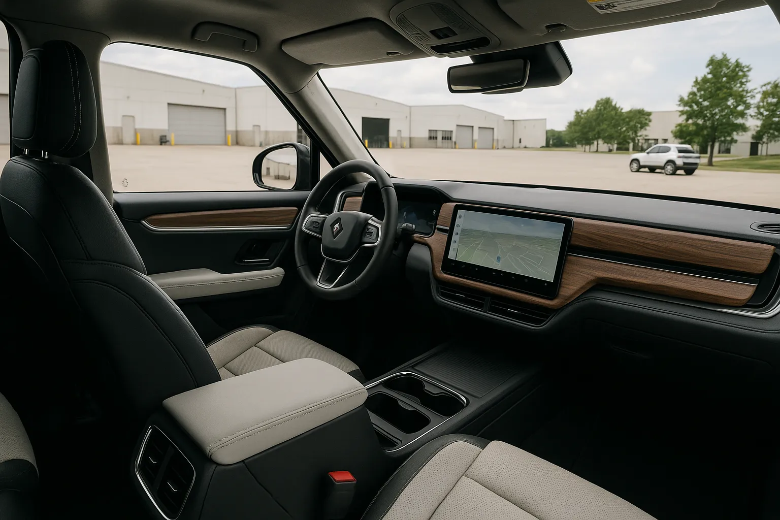 Rivian R1T und R1S Elektrofahrzeuge vor einem modernen Fabrikgebäude geparkt, unterstützendes Bild 1