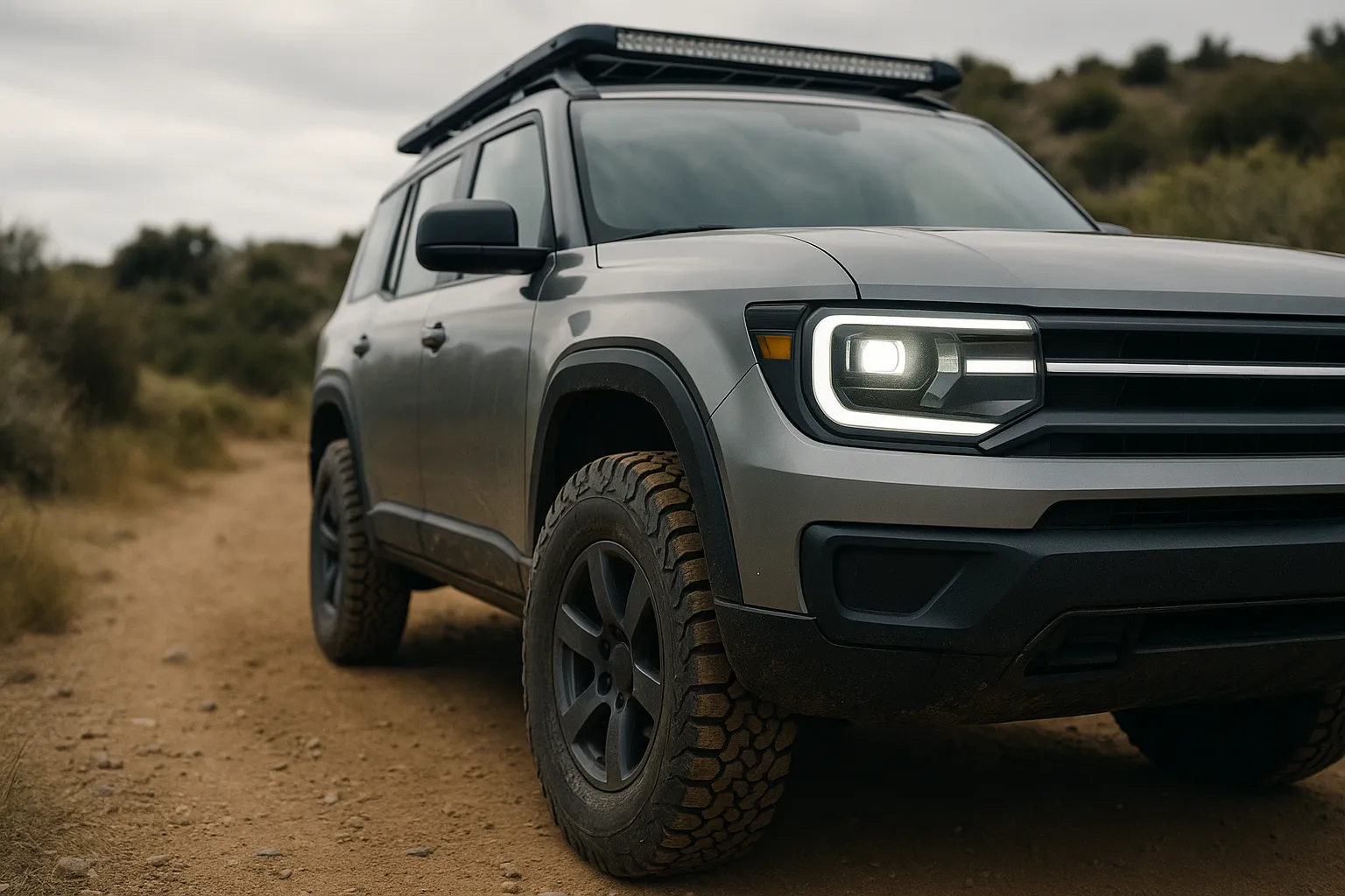Zwei Scout Traveler SUV-Konzepte in einer 16:9-Aufnahme, eines luxuriös ausgelegt und eines mit grober Offroad-Ausrüstung. supporting image 1