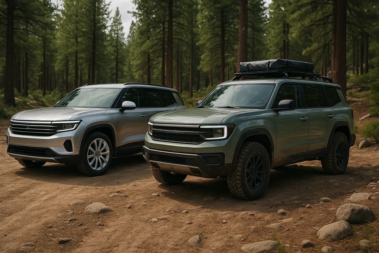 Zwei Scout Traveler SUV-Konzepte in einer 16:9-Aufnahme, eines luxuriös ausgelegt und eines mit grober Offroad-Ausrüstung. supporting image 2