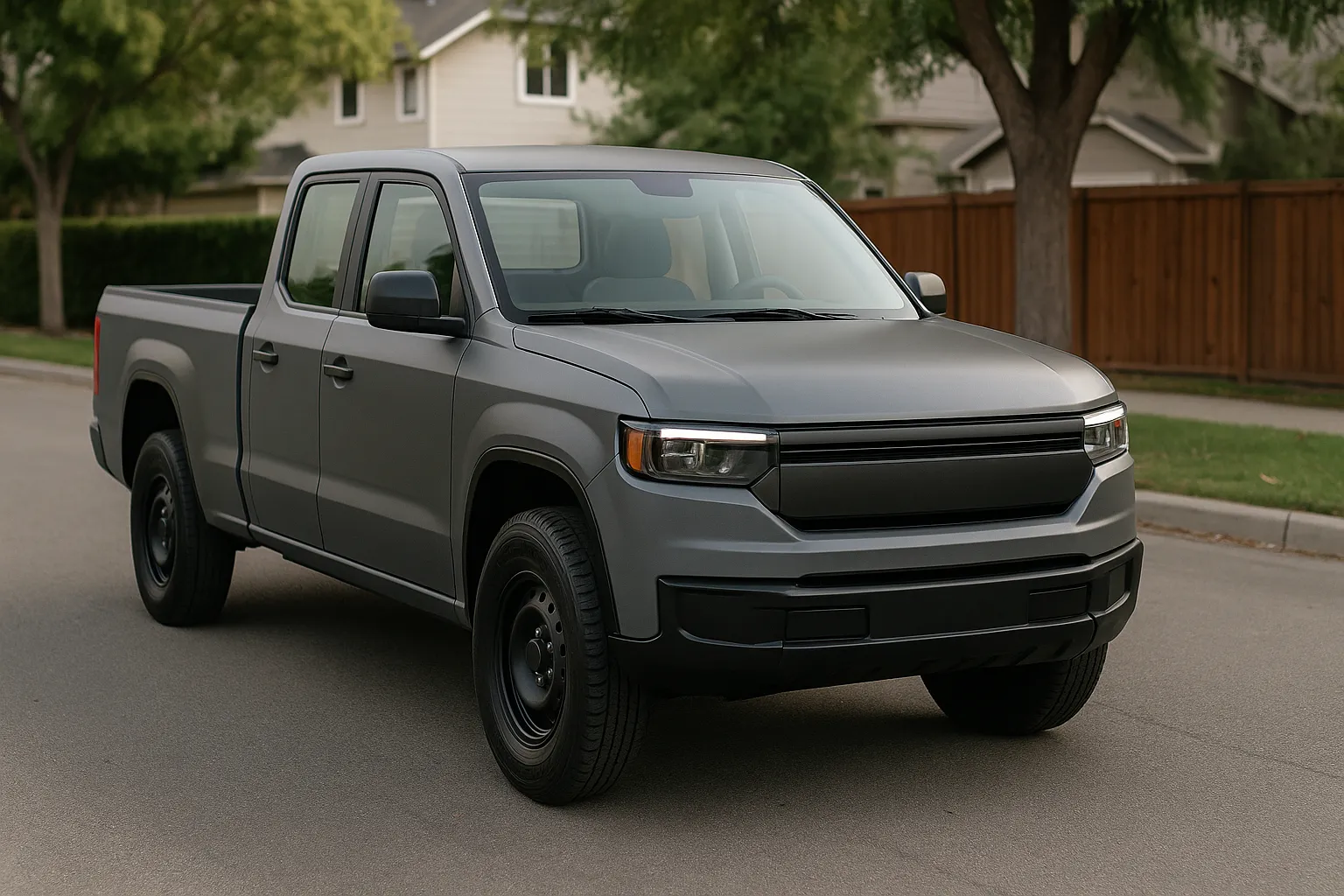Slate compact electric pickup truck parked on an urban street