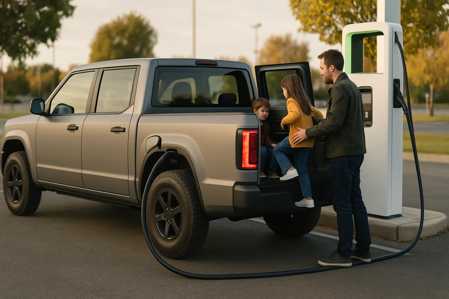 Slate compact electric pickup truck parked on an urban street supporting image 2