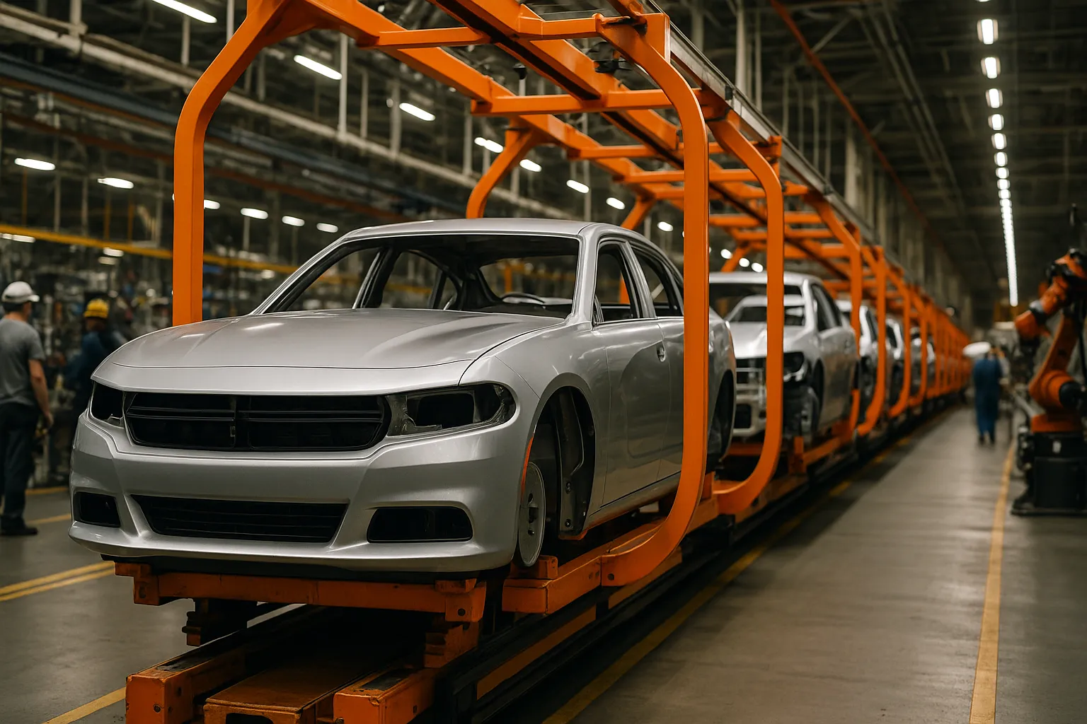 Assembly hall of a North American Stellantis plant with vehicle bodies on the conveyor belt