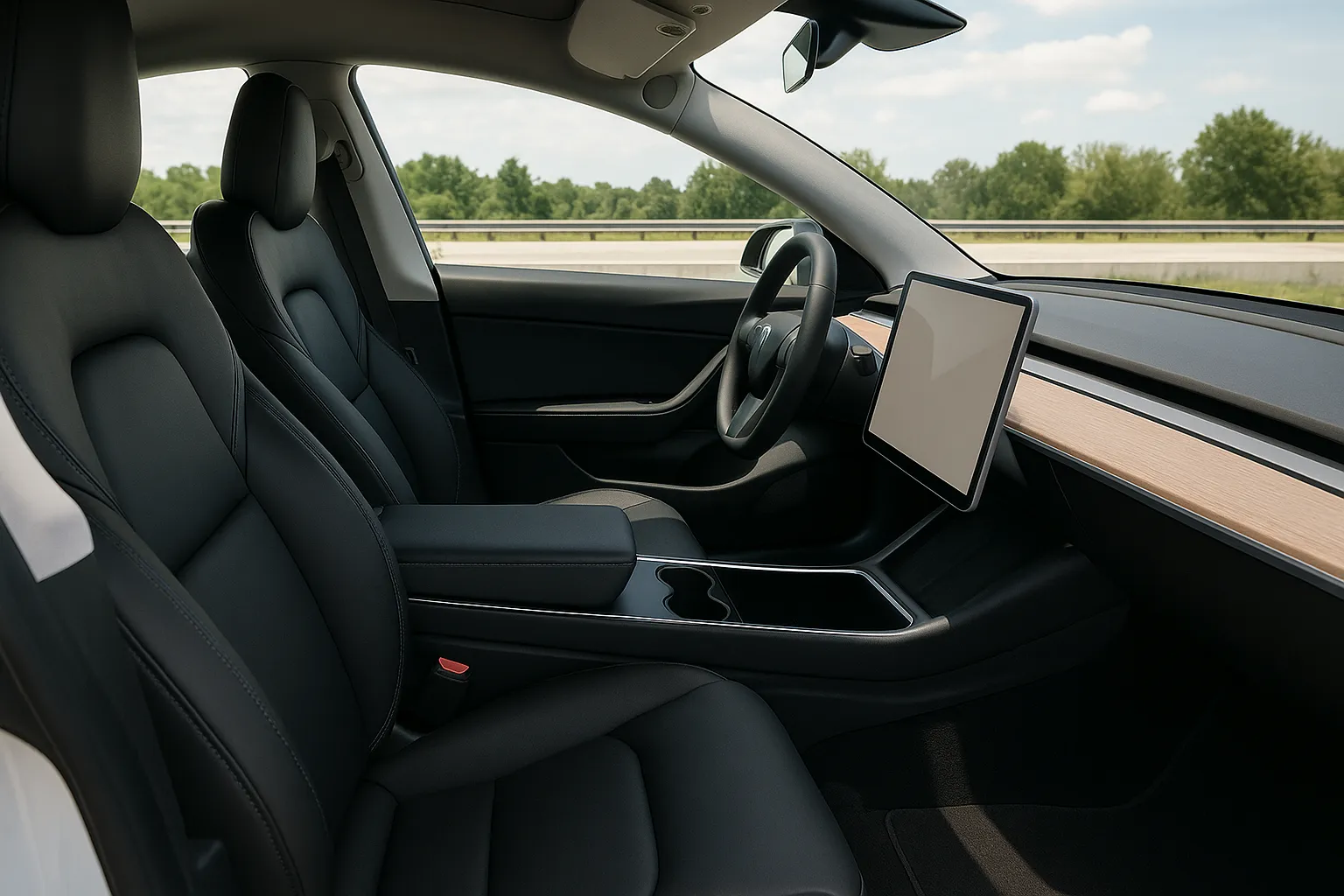 Tesla Model 3 fährt auf einer Autobahn mit Fahrbahnmarkierungen und Verkehr voraus, unterstützendes Bild 1