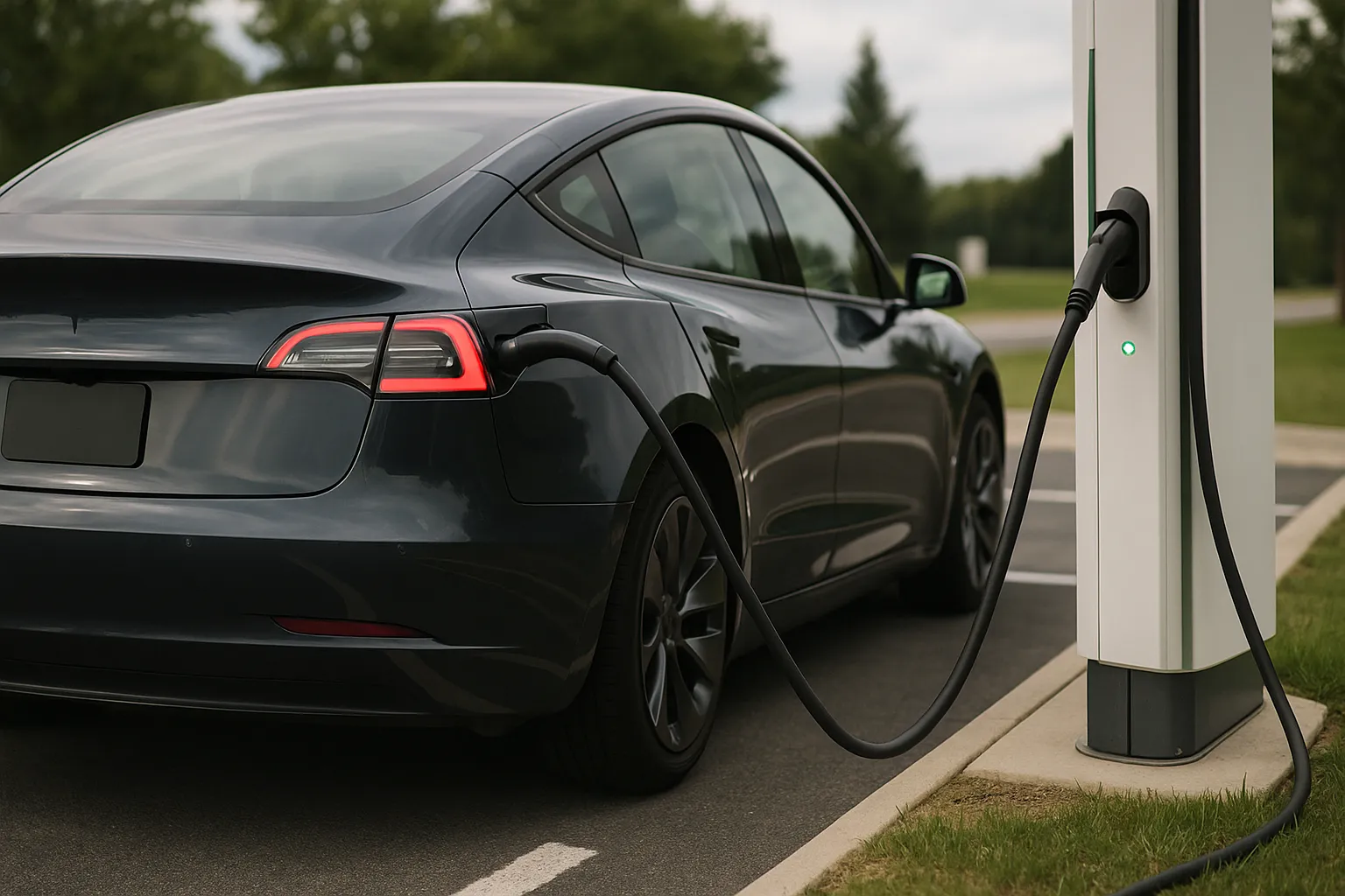Tesla Model 3 fährt auf einer Autobahn mit Fahrbahnmarkierungen und Verkehr voraus, unterstützendes Bild 2