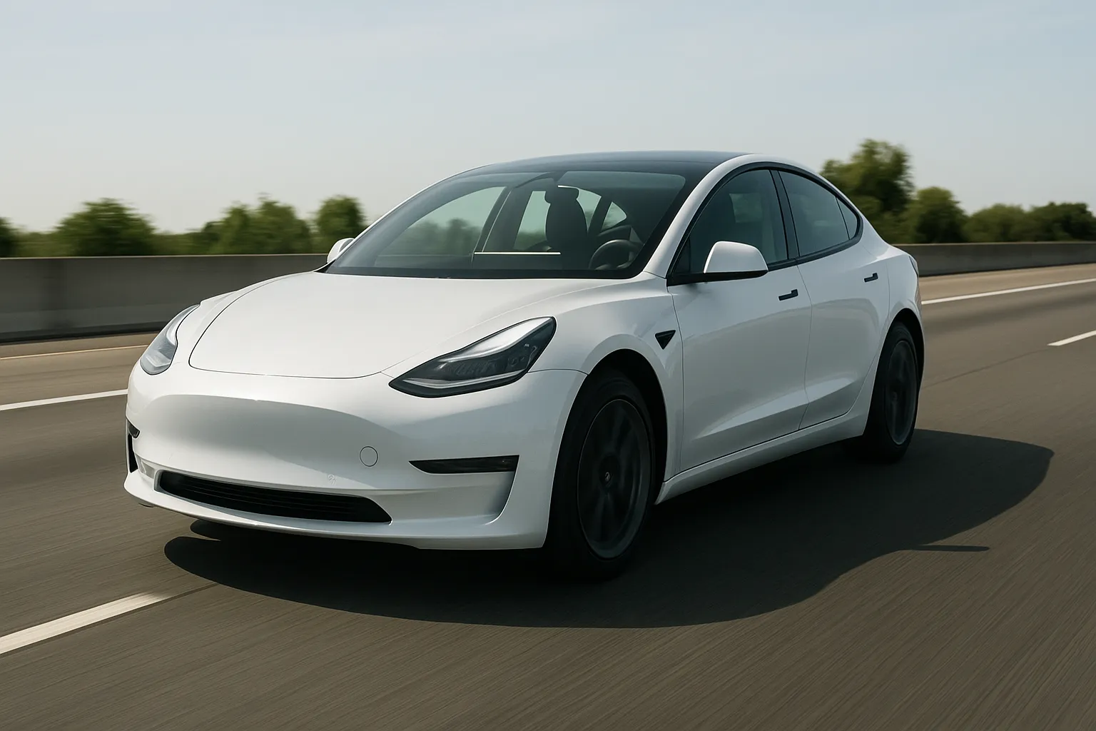 Tesla Model 3 driving on a highway with lane markings and traffic ahead