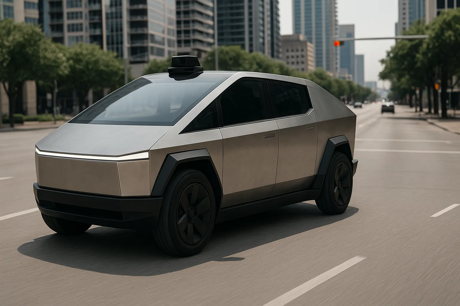 Tesla Cybercab as a two-seat autonomous robotaxi without a steering wheel on a street in Austin