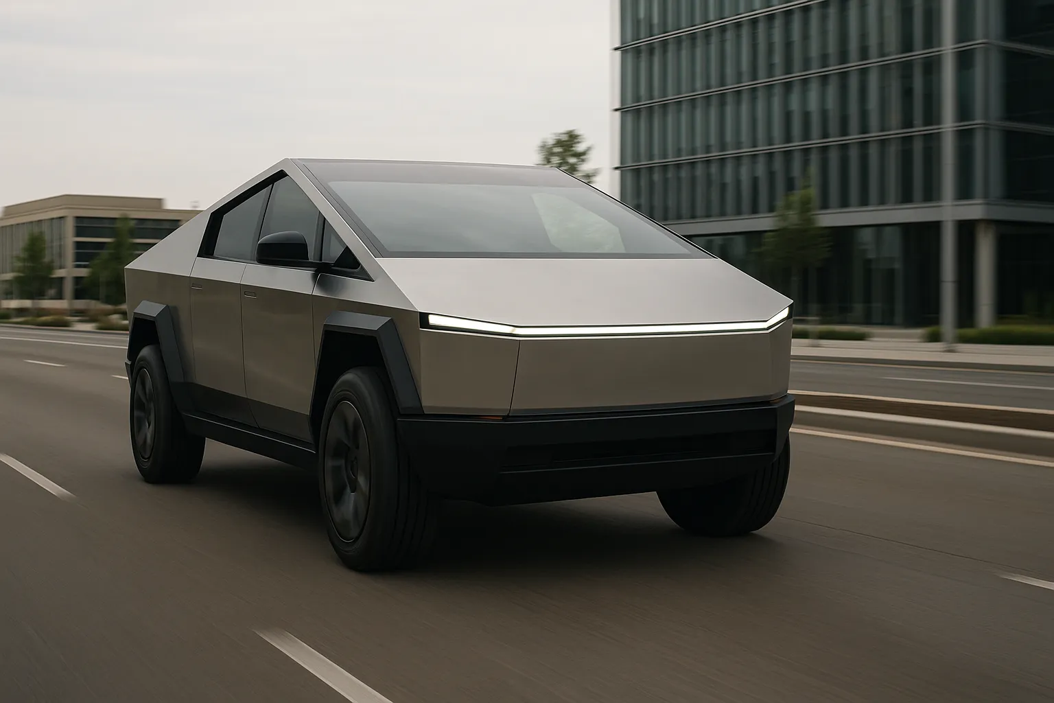 Tesla Cybertruck auf einer Straße bei Tageslicht, dreiviertel von vorn fotografiert