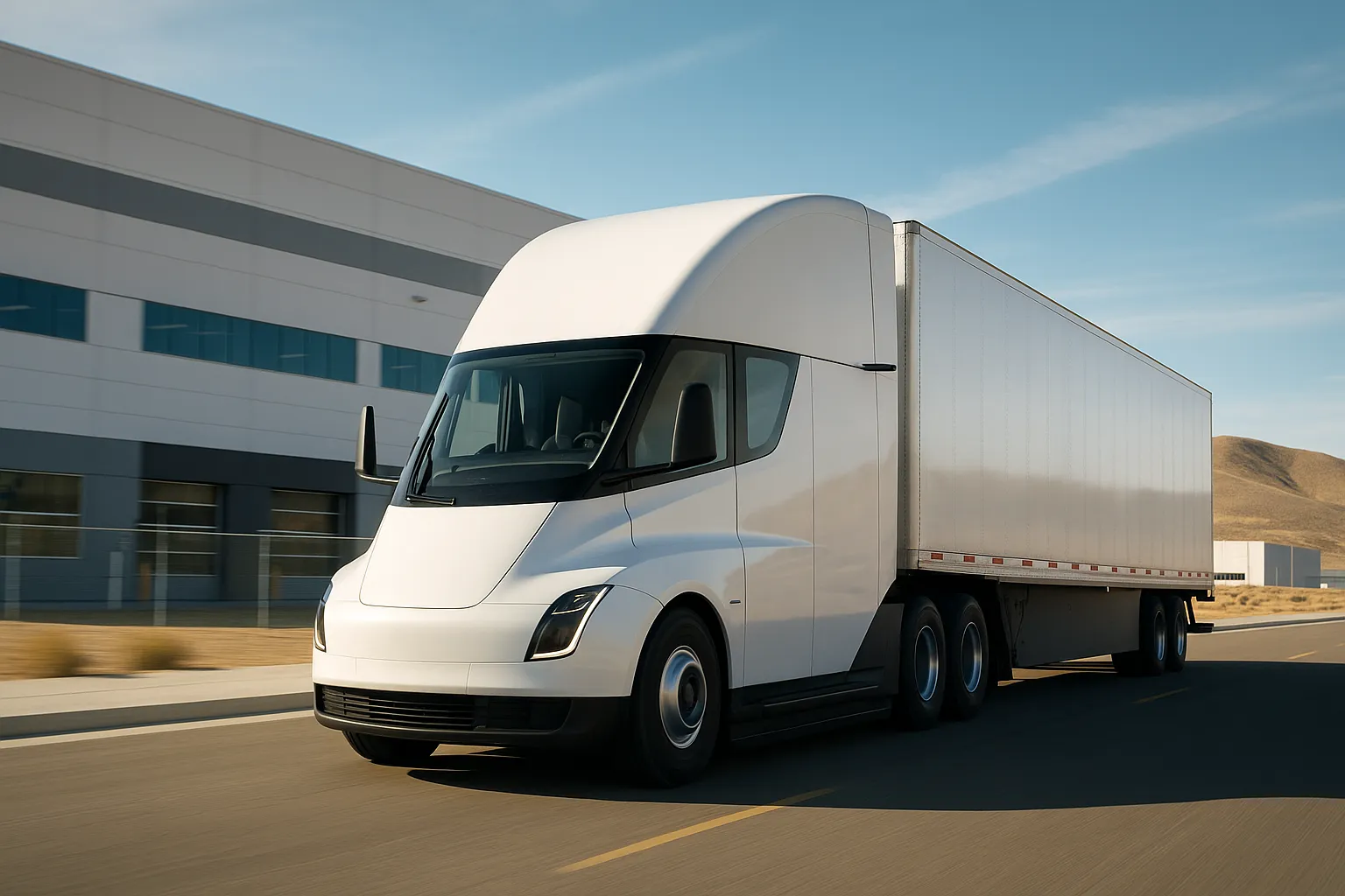 Tesla Semi als weißer Elektro-Sattelzug auf einer Straße vor einer modernen Industrieanlage in Nevada