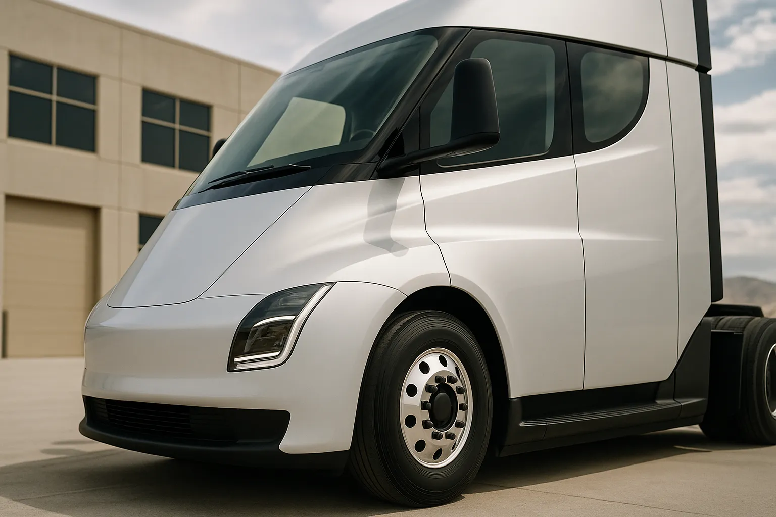 Tesla Semi als weißer Elektro-Sattelzug auf einer Straße vor einer modernen Industrieanlage in Nevada supporting image 1