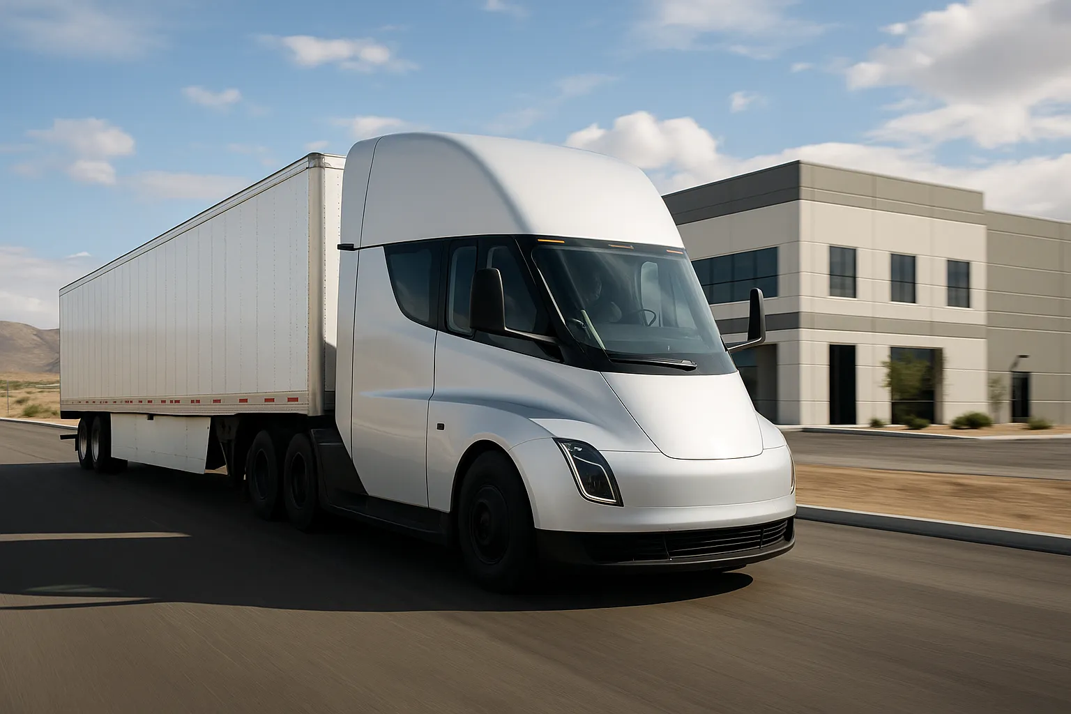 Tesla Semi als weißer Elektro-Sattelzug auf einer Straße vor einer modernen Industrieanlage in Nevada supporting image 2