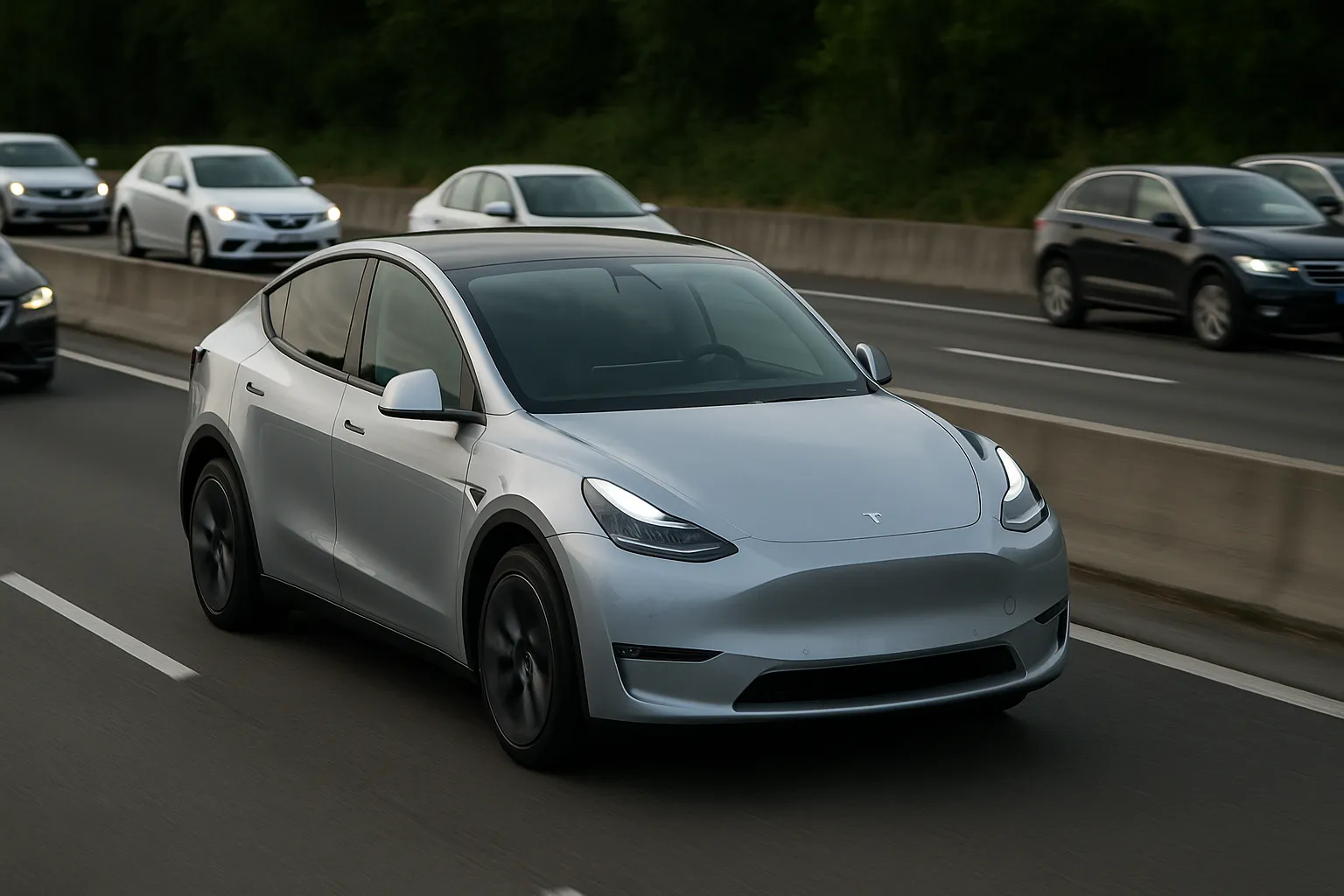 Tesla Model Y auf einer mehrspurigen Straße mit Abstand zu anderen Fahrzeugen