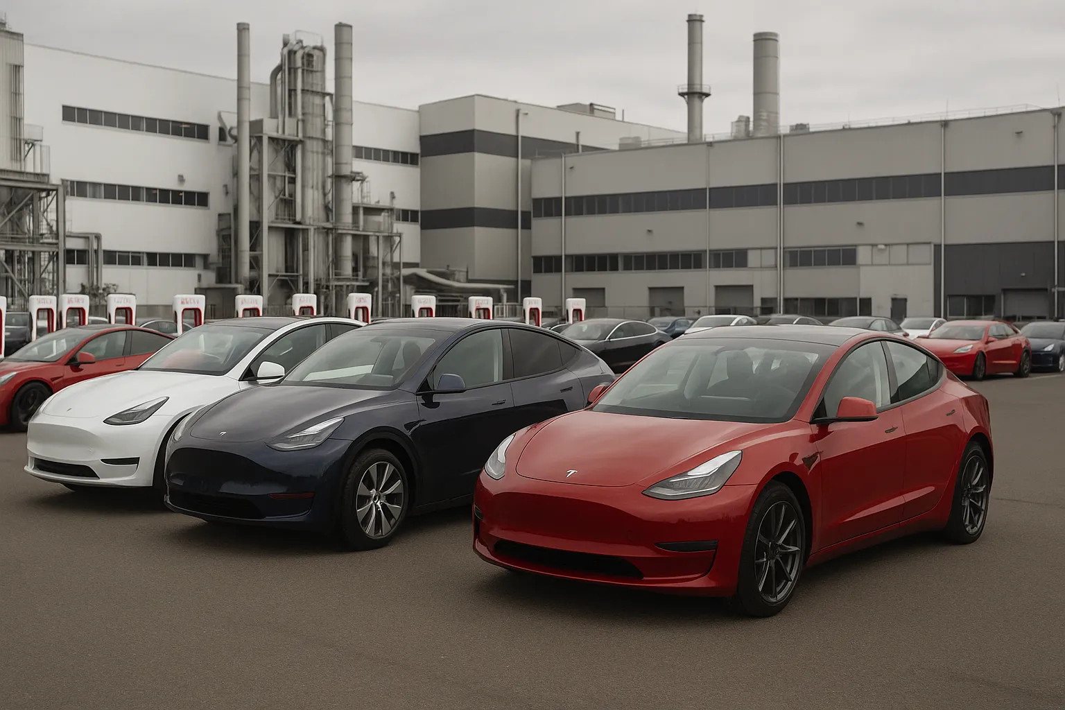 Tesla electric vehicles lined up outside a modern assembly plant at sunset