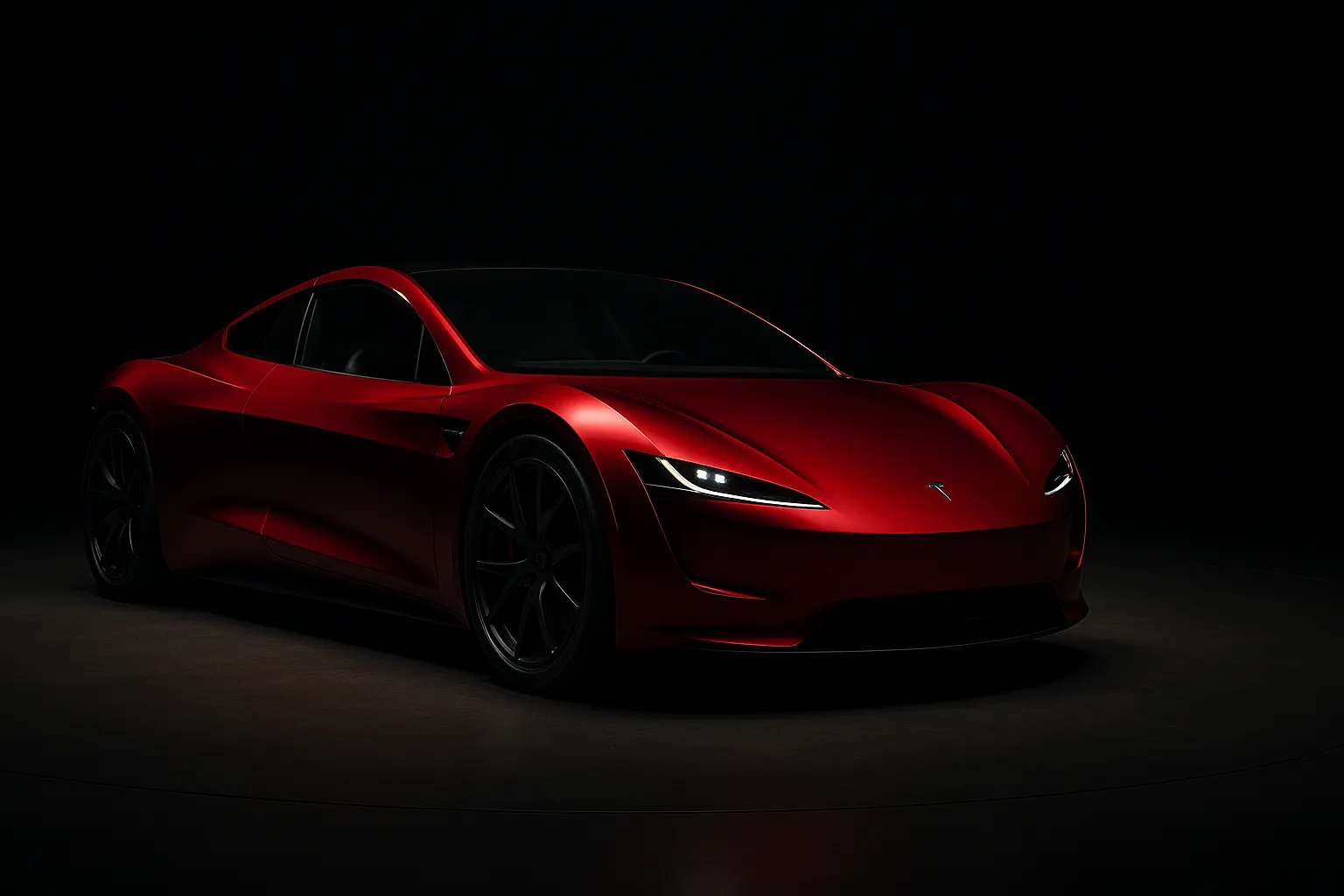 Tesla Roadster als flacher elektrischer Sportwagen auf einer beleuchteten Bühne bei einer Abendpräsentation