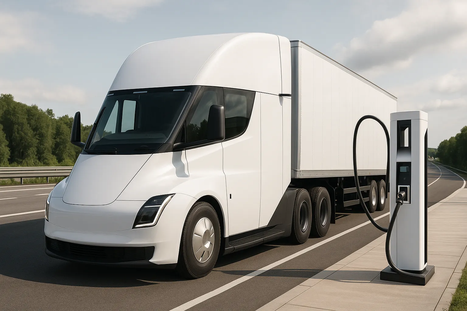 Tesla Semi als elektrischer Sattelzug auf einer europäischen Fernverkehrsstraße bei Tageslicht