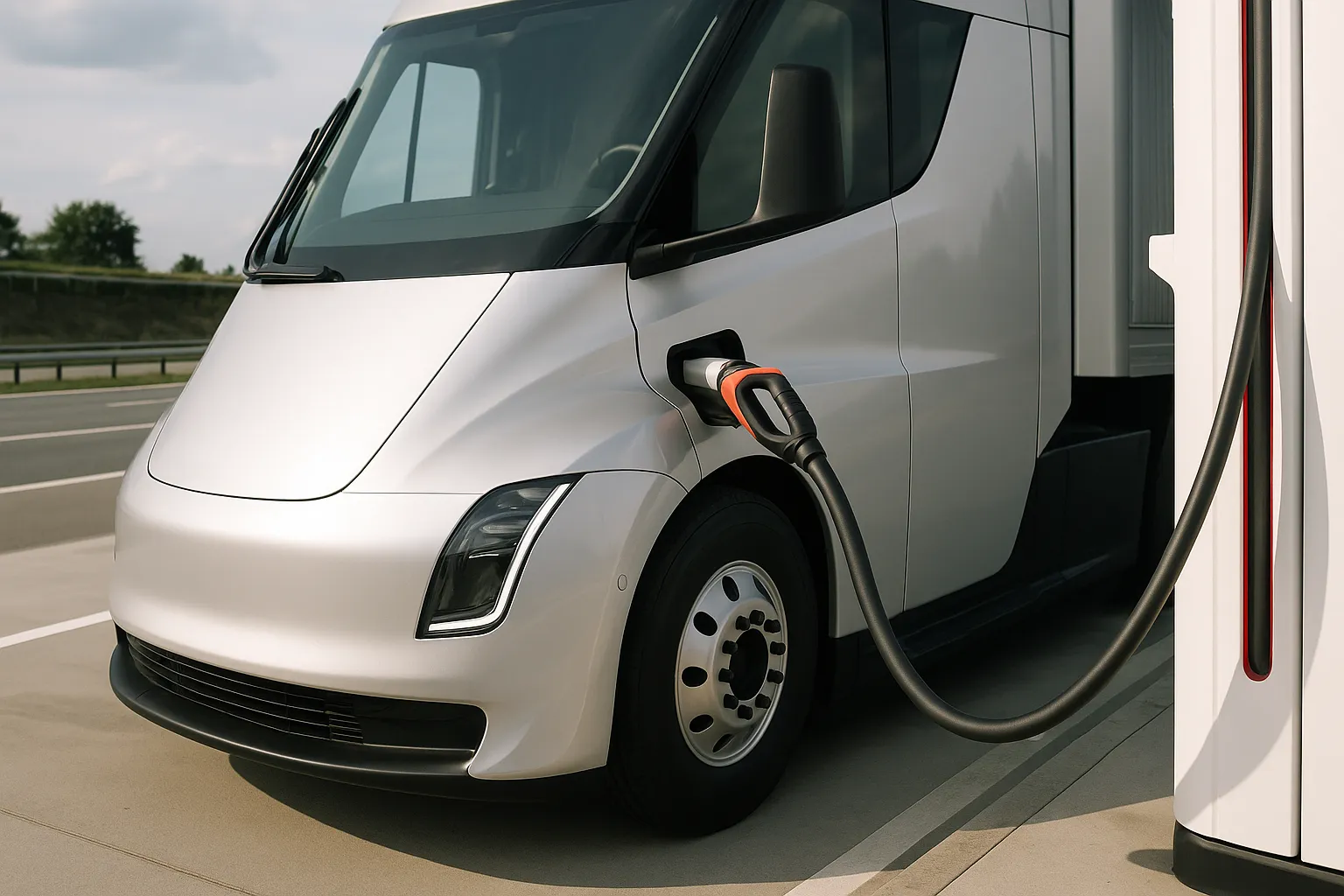 Tesla Semi als elektrischer Sattelzug auf einer europäischen Fernverkehrsstraße bei Tageslicht supporting image 1