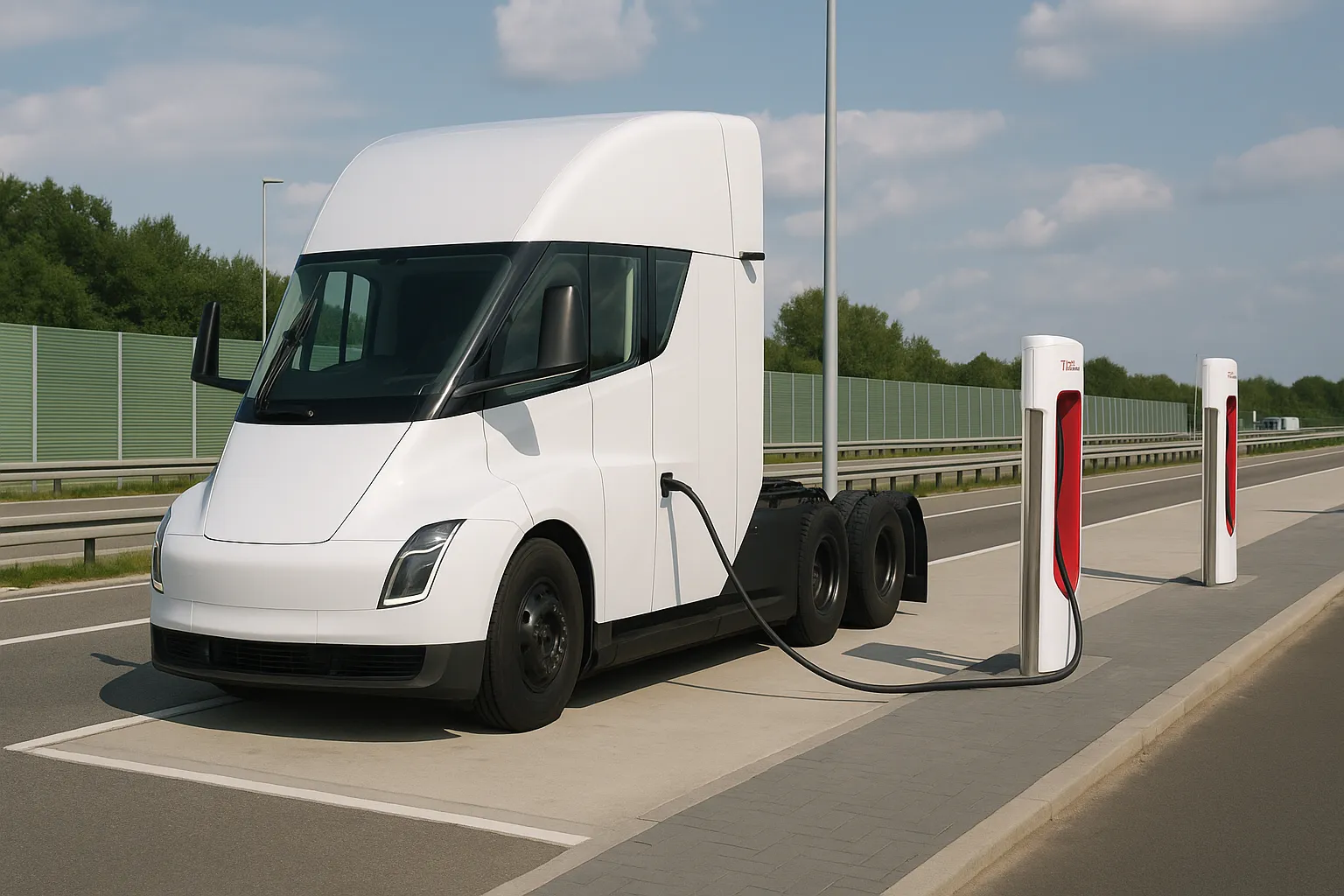 Tesla Semi als elektrischer Sattelzug auf einer europäischen Fernverkehrsstraße bei Tageslicht supporting image 2