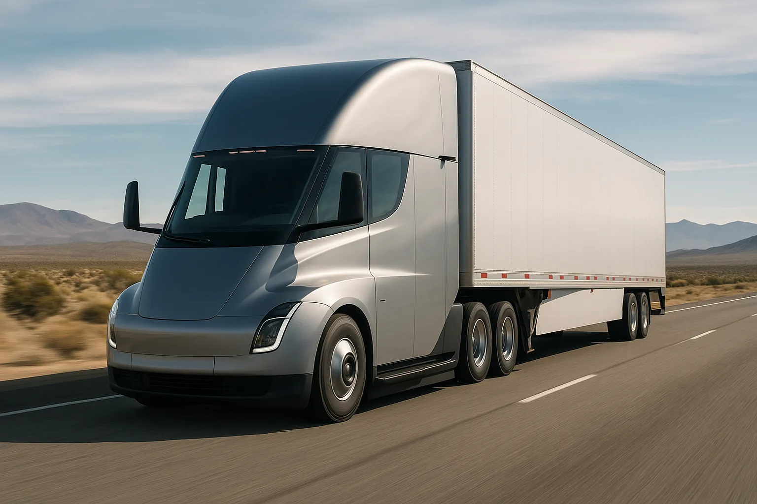 Ein elektrischer Class-8-Lkw Tesla Semi fährt auf einer Autobahn mit Wüstenbergen im Hintergrund