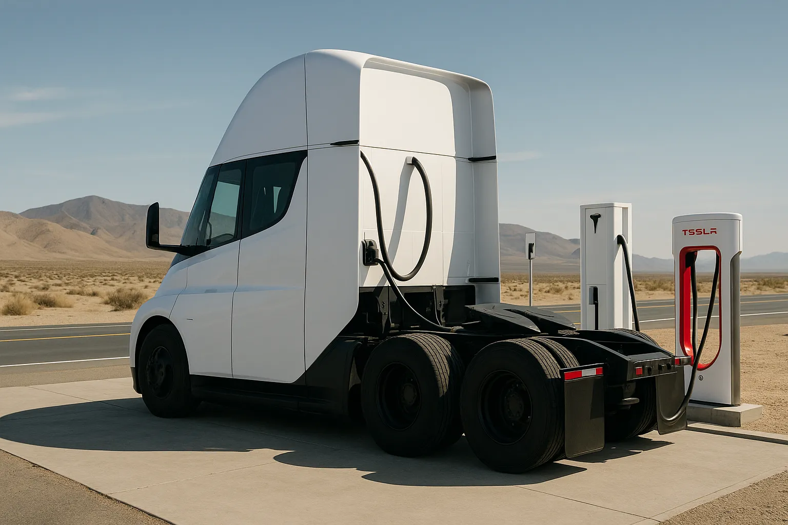 A Tesla Semi electric Class 8 truck driving on a highway with desert mountains in the background supporting image 2