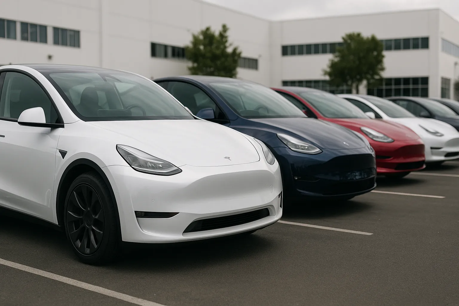 Rows of Tesla electric vehicles parked outside a delivery center awaiting customer pickup