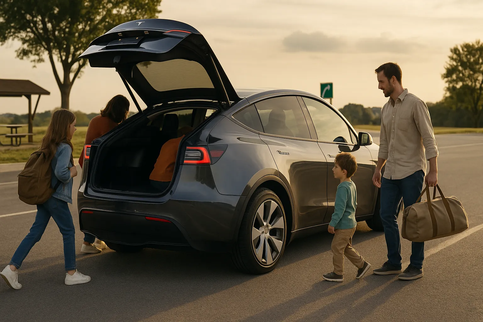 Reihen von Tesla-Elektrofahrzeugen, die vor einem Auslieferungszentrum geparkt sind und auf die Abholung durch Kunden warten, unterstützendes Bild 2