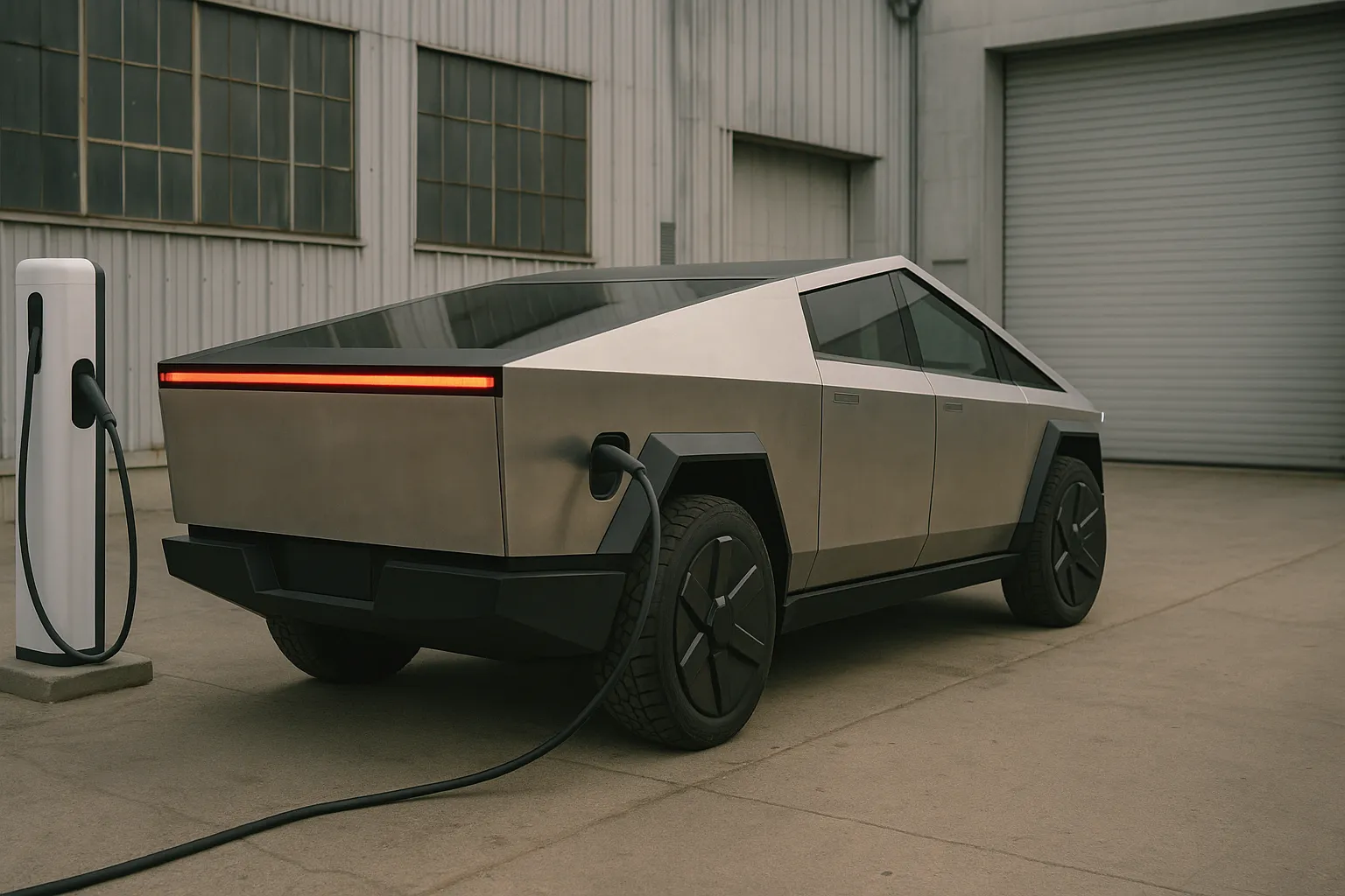 Tesla Cybertruck, nahe einem fabrikartigen Industriegebäude geparkt, aus der vorderen Dreiviertelperspektive gezeigt, unterstützendes Bild 2