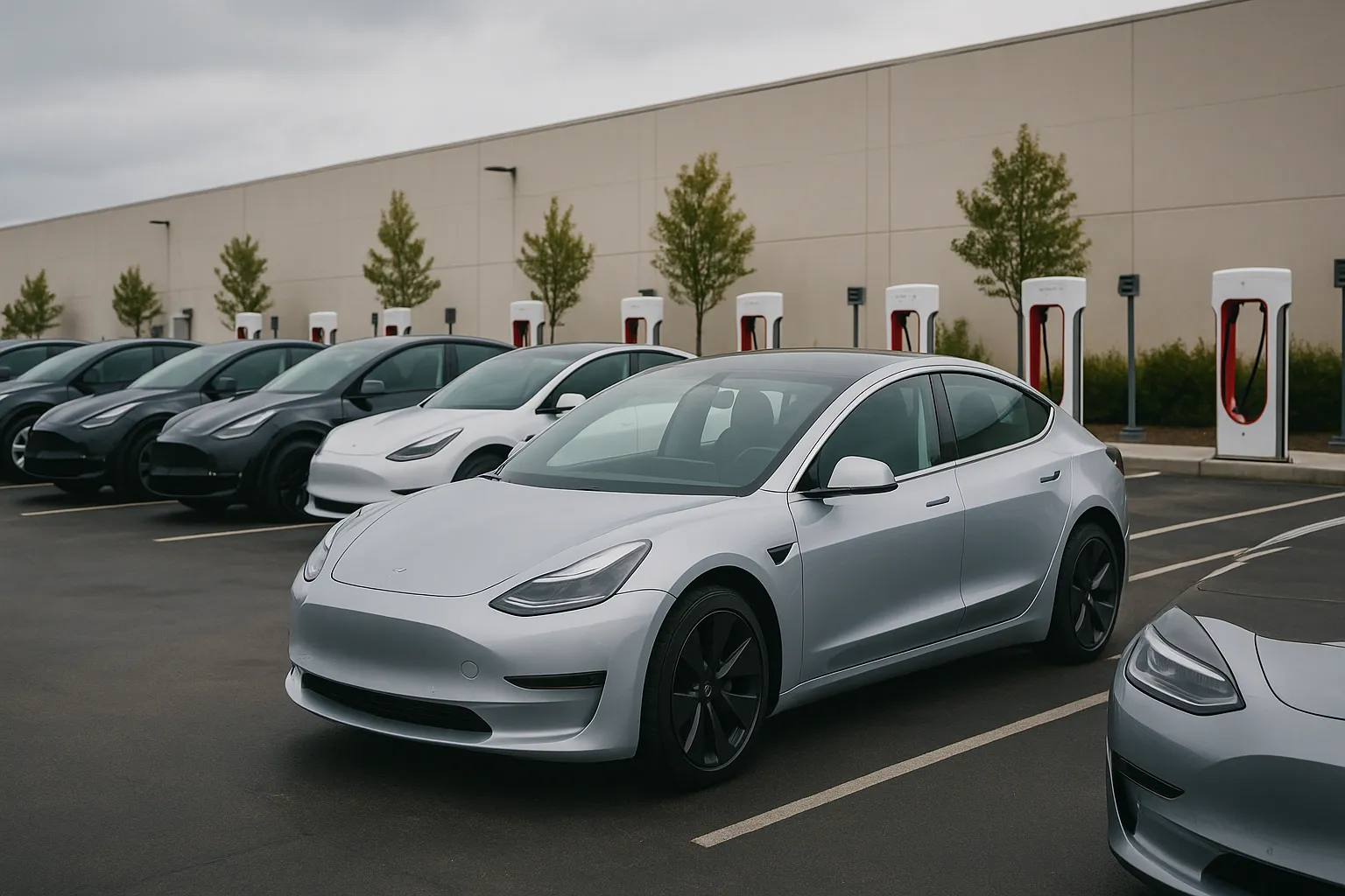Tesla Model Y and Model 3 stand in a delivery parking lot in front of modern charging infrastructure
